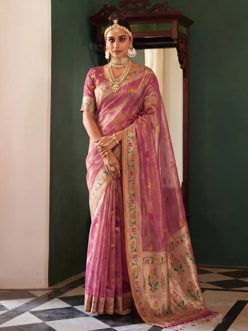 Ast Maheswari Silk Tissue Silk Meena Worked Saree Collection