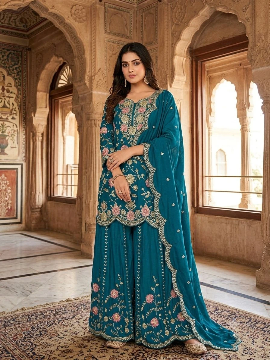 Designer Chinon Silk Kurti Palazzo & Dupatta Set