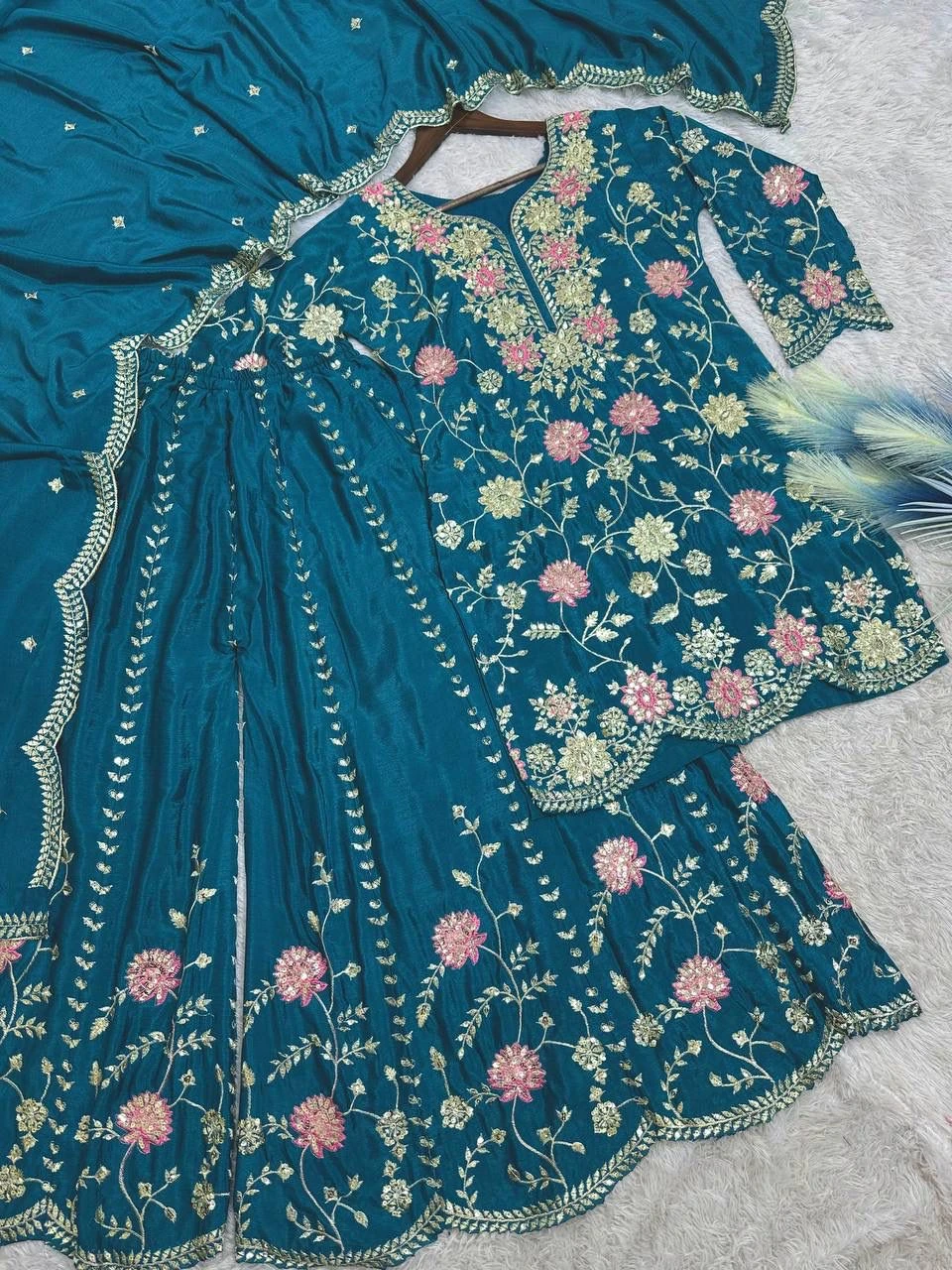 Designer Chinon Silk Kurti Palazzo & Dupatta Set