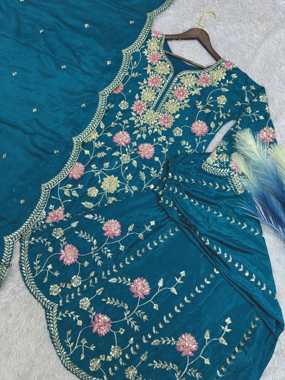 Designer Chinon Silk Kurti Palazzo & Dupatta Set