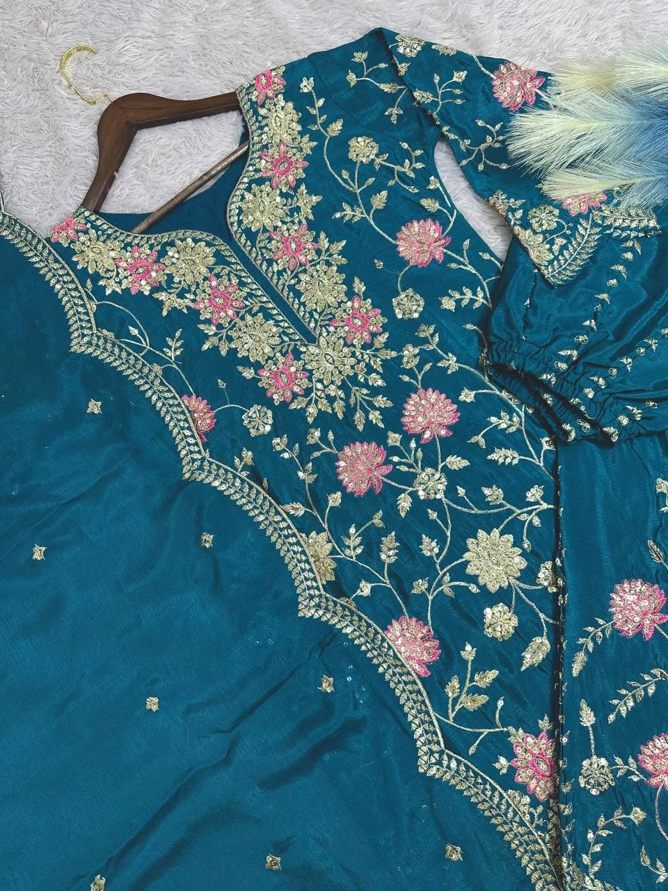 Designer Chinon Silk Kurti Palazzo & Dupatta Set