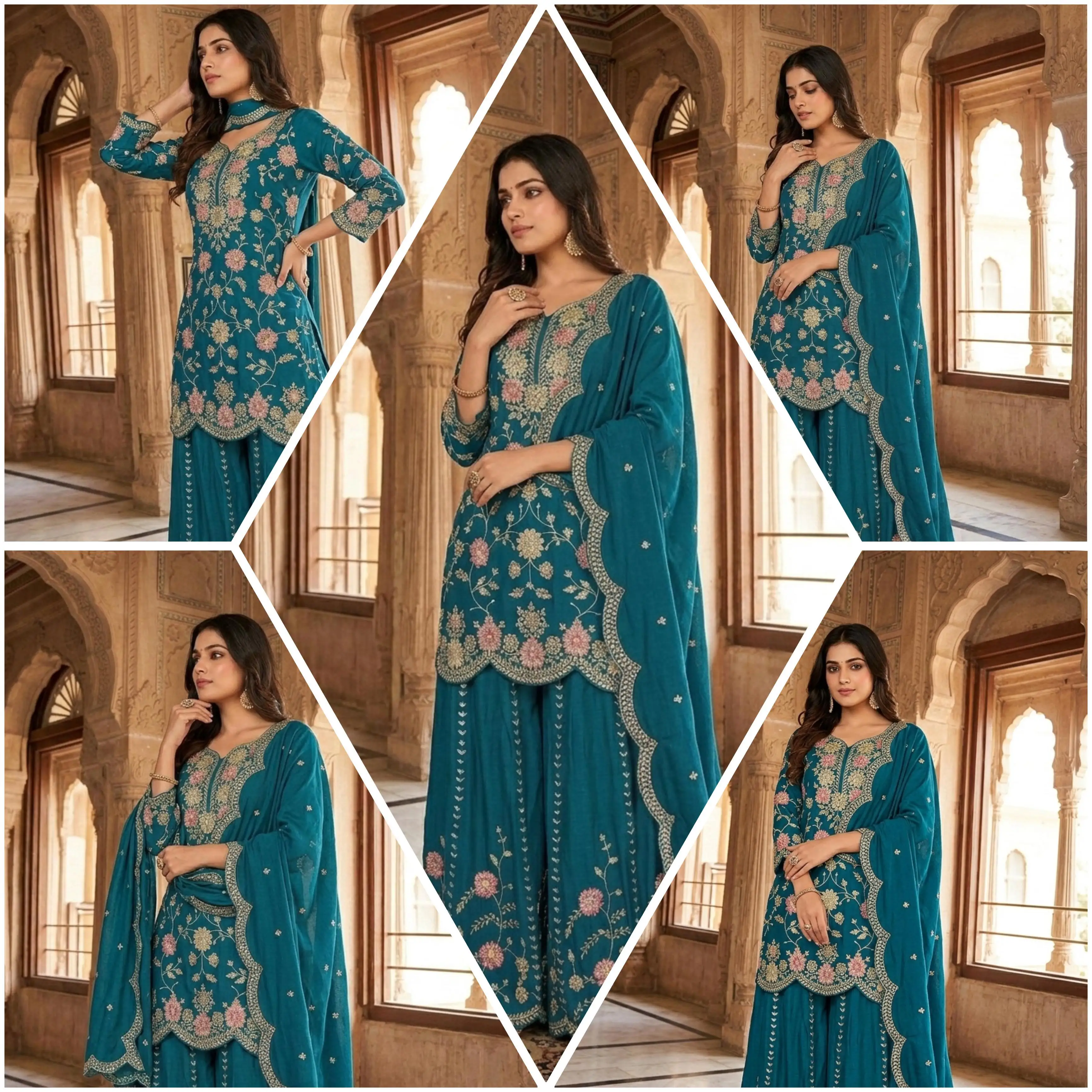 Designer Chinon Silk Kurti Palazzo & Dupatta Set