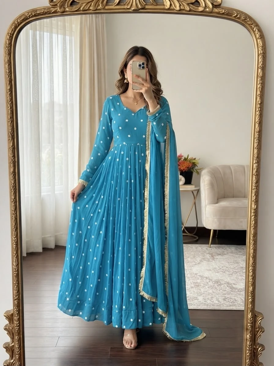 Designer Embroidered Gown Pant & Dupatta Set