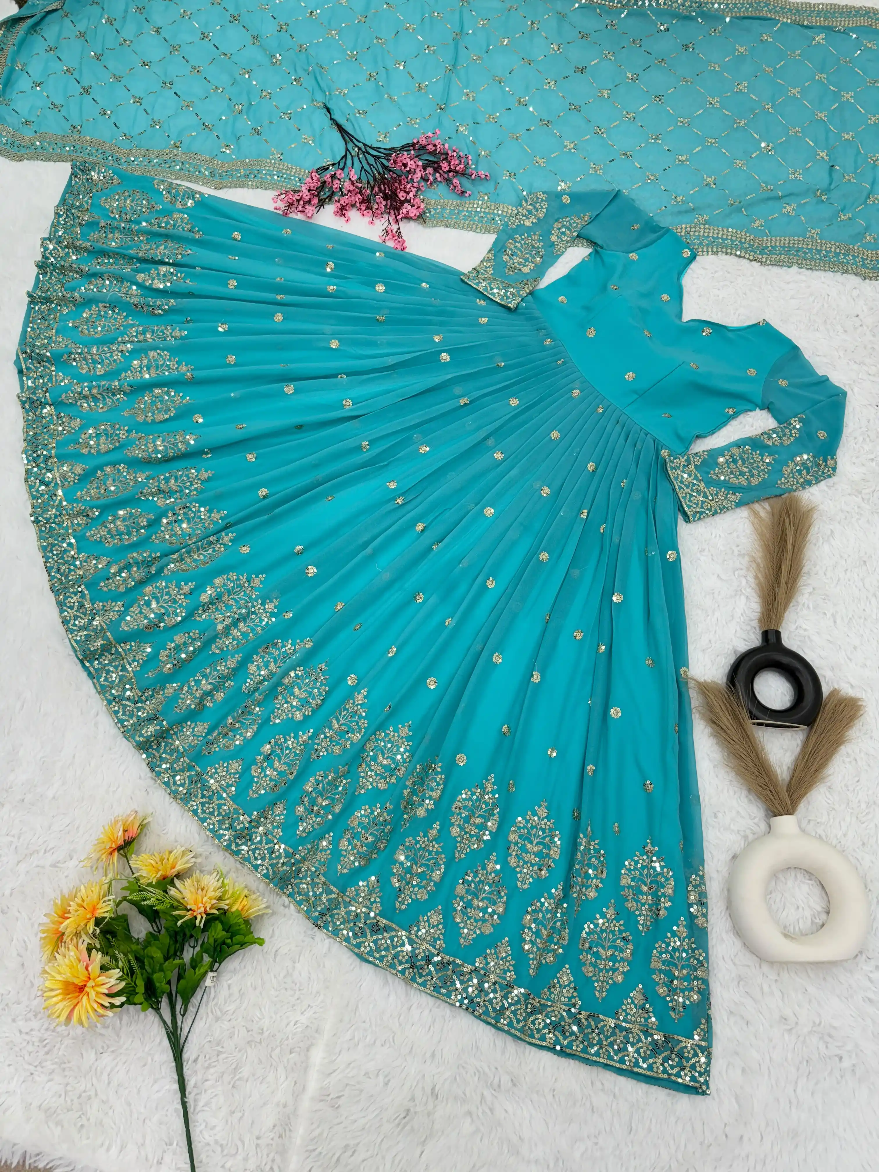 Designer Embroidered Sequence Anarkali Gown with Dupatta