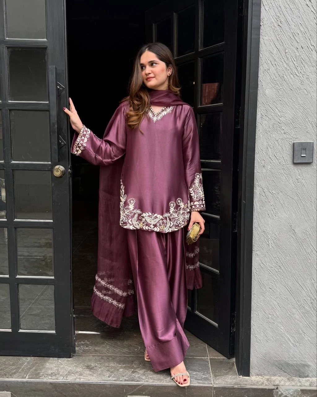 Designer Natural Crepe Silk Top Bottom & Dupatta Set