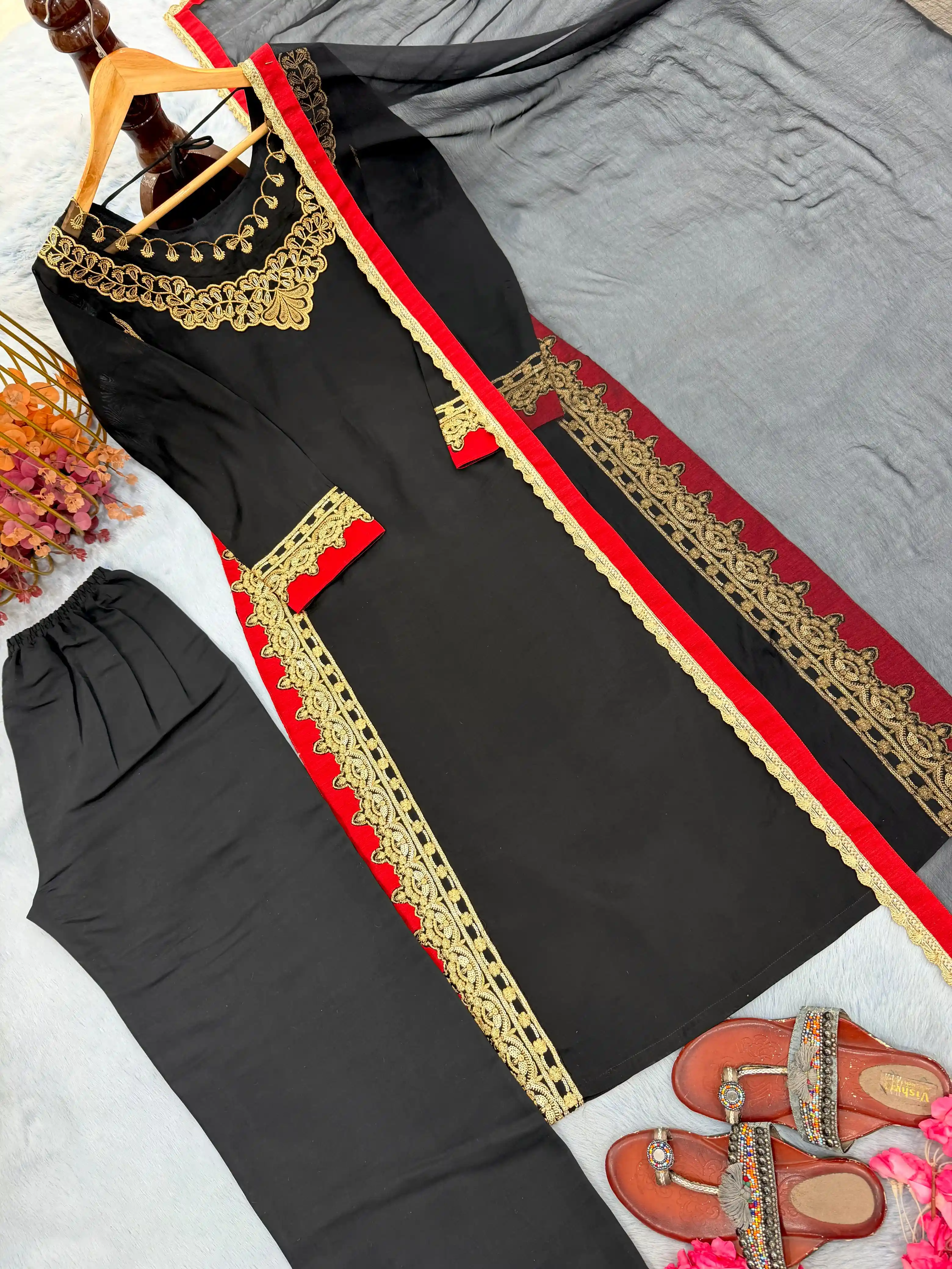 Designer Party Wear Chanderi Top Palazzo & Dupatta Set