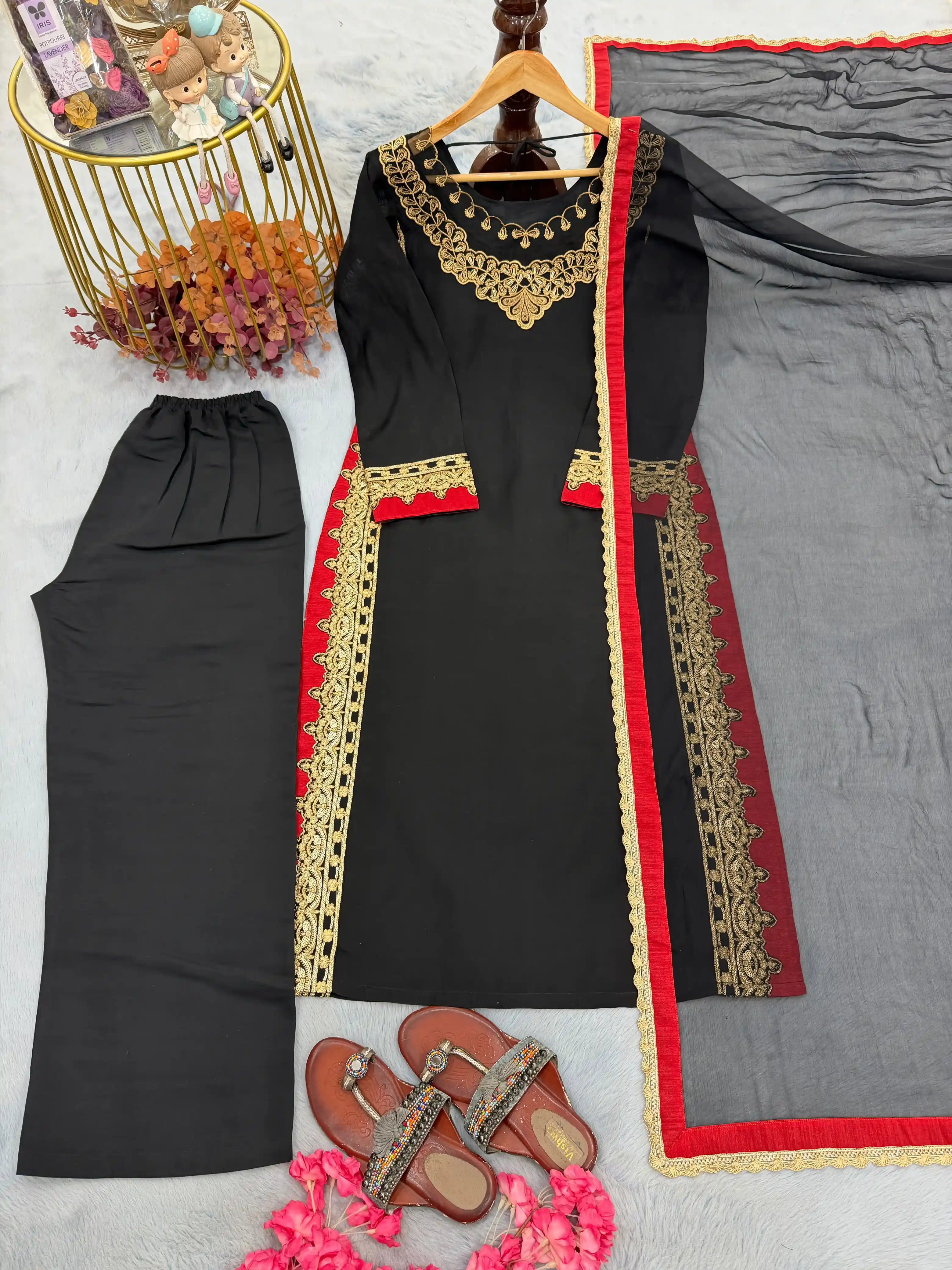 Designer Party Wear Chanderi Top Palazzo & Dupatta Set