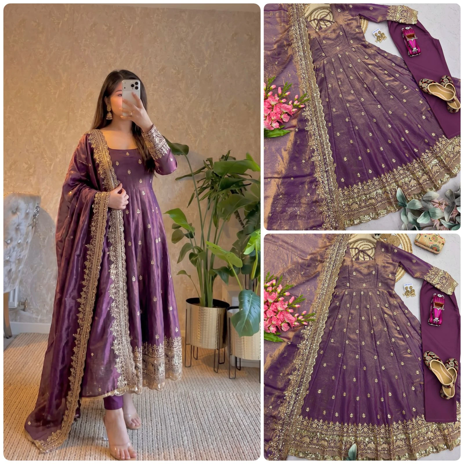 Designer Party Wear Fandy Silk Gown Set
