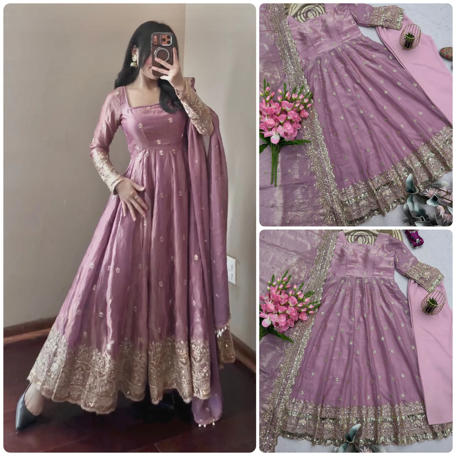 Designer Party Wear Fandy Silk Gown Set