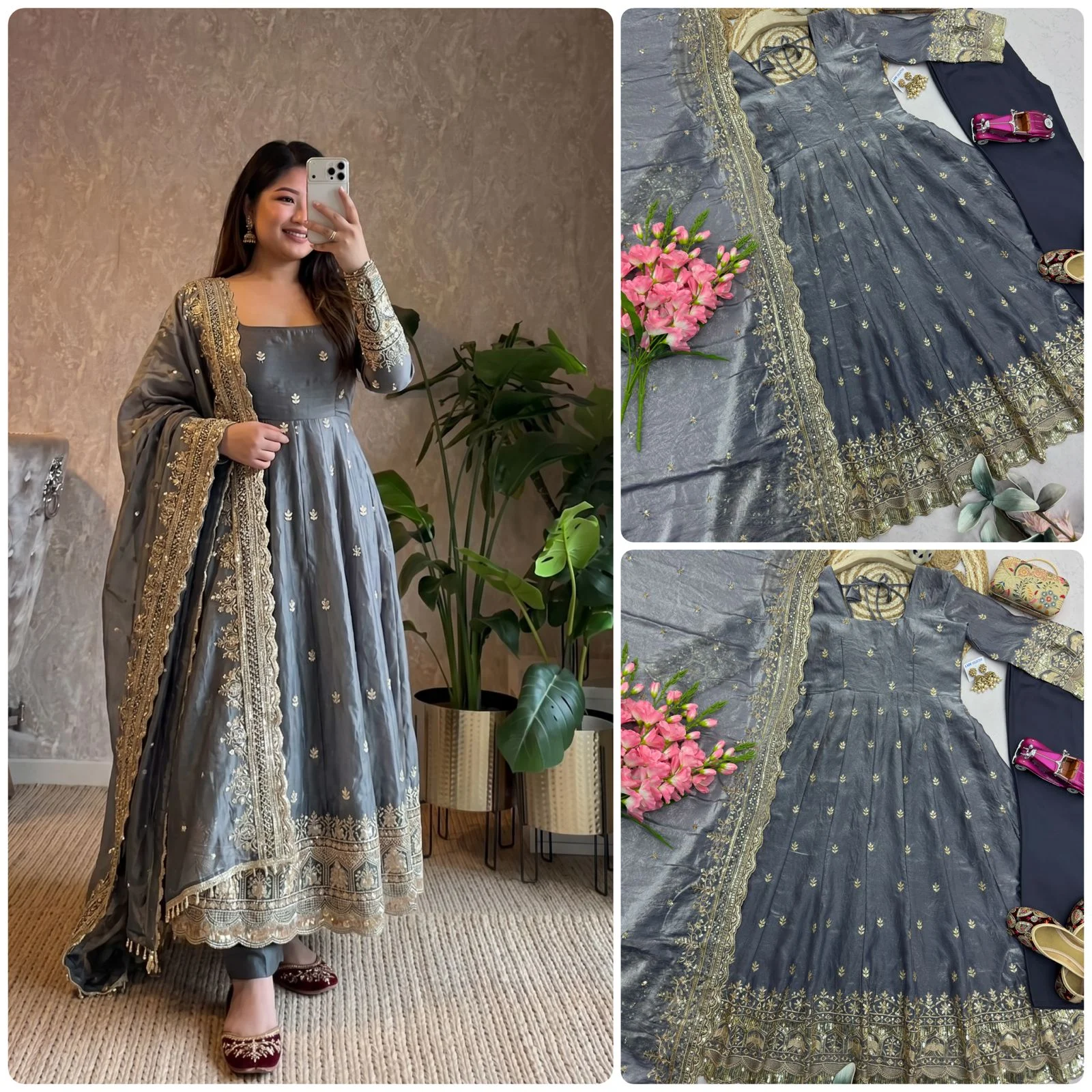 Designer Party Wear Fandy Silk Gown Set