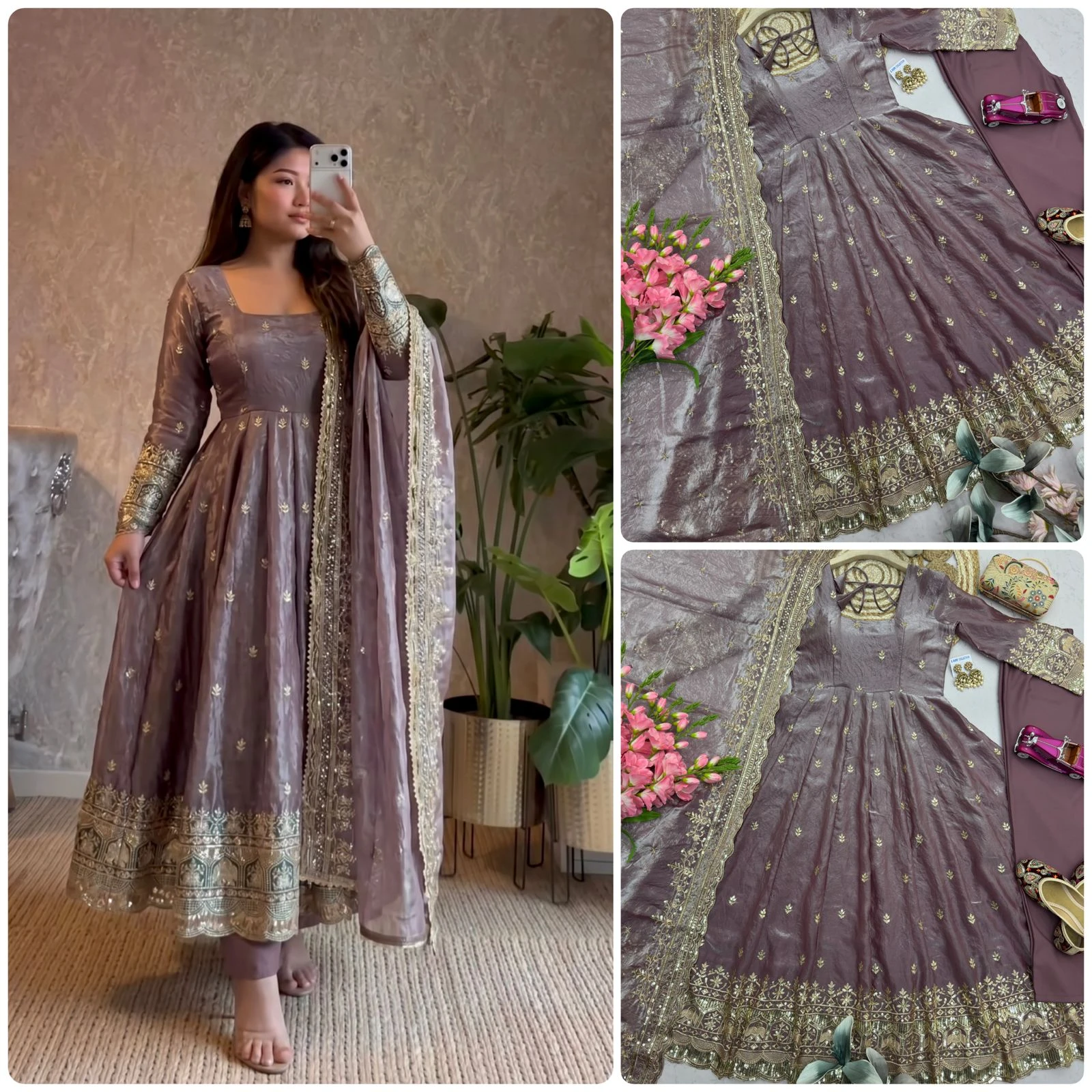 Designer Party Wear Fandy Silk Gown Set
