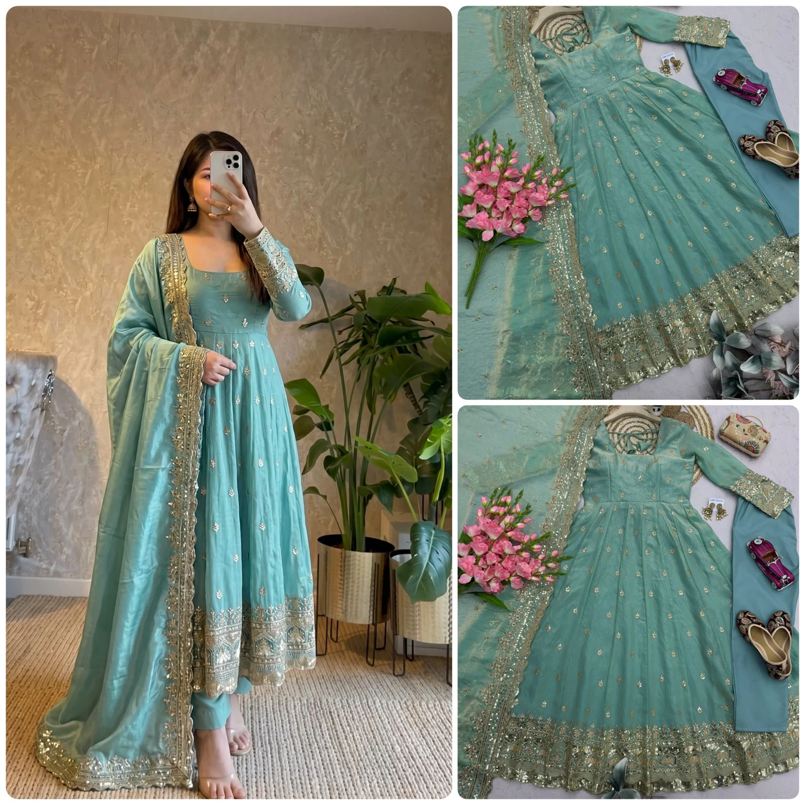 Designer Party Wear Fandy Silk Gown Set