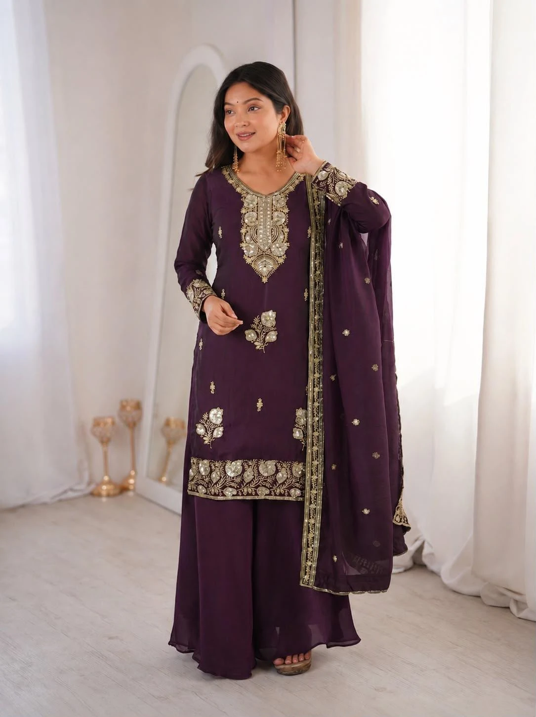 Designer Party Wear Fandy Silk Top Palazzo with Dupatta Set