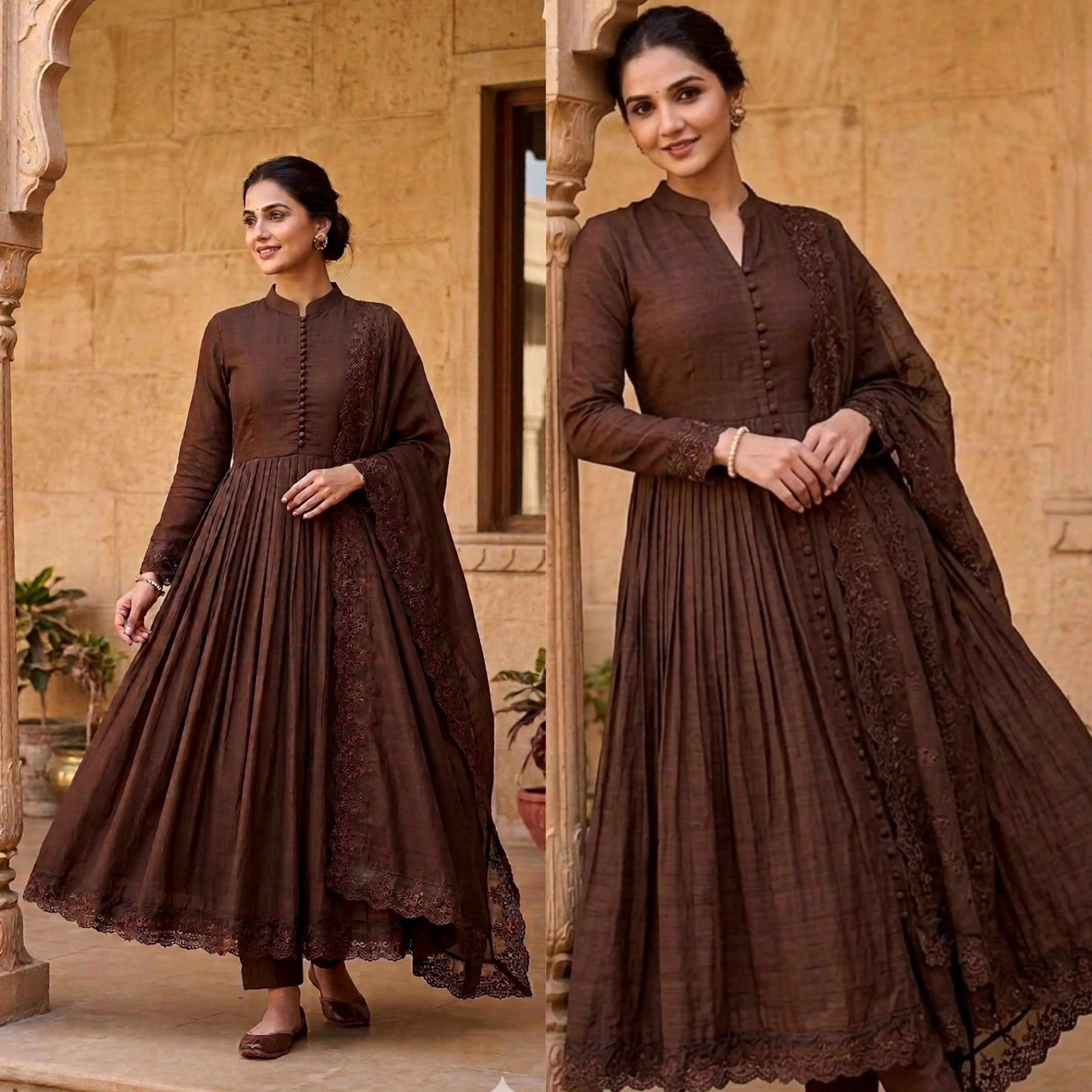 Designer Party Wear Roman Silk Gown Set