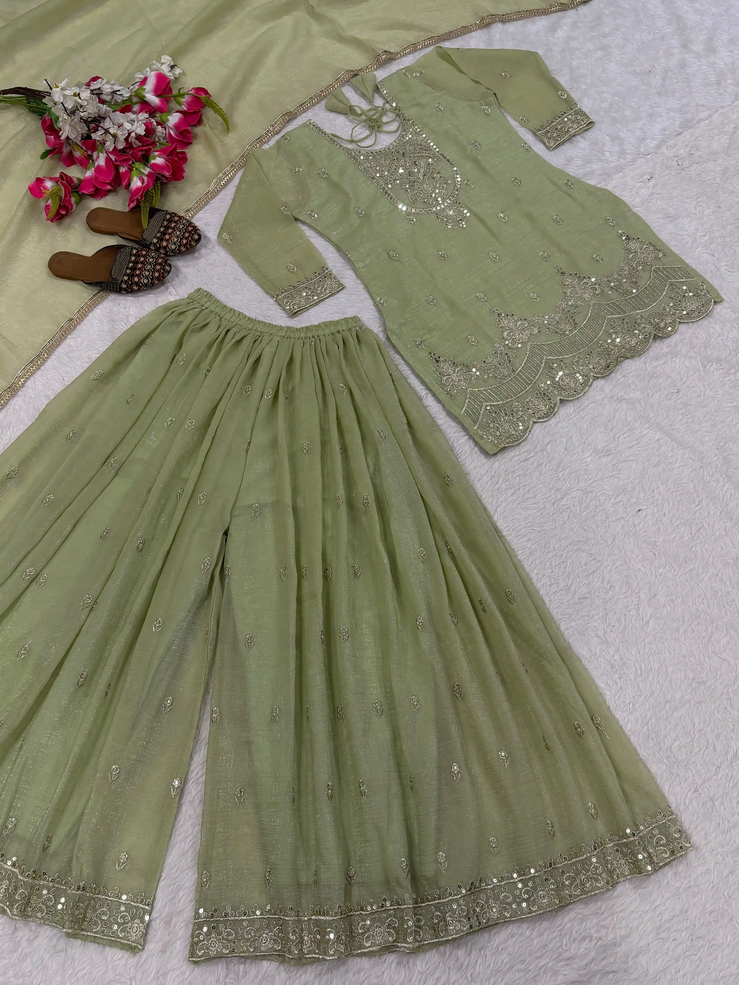 Designer Party Wear Top Sharara Palazzo & Dupatta Set