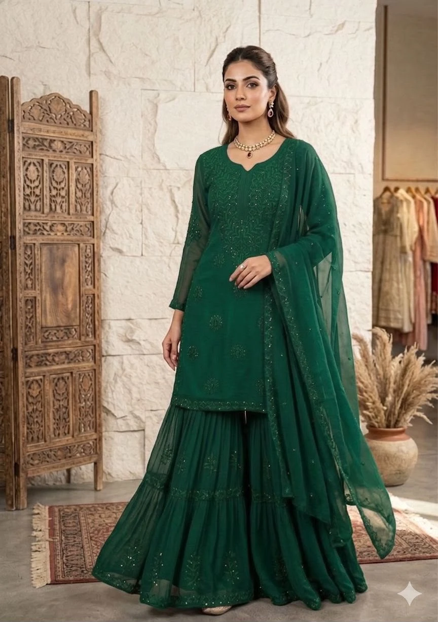Designer Party & Wedding Wear Sequence Embroidered Sharara Set