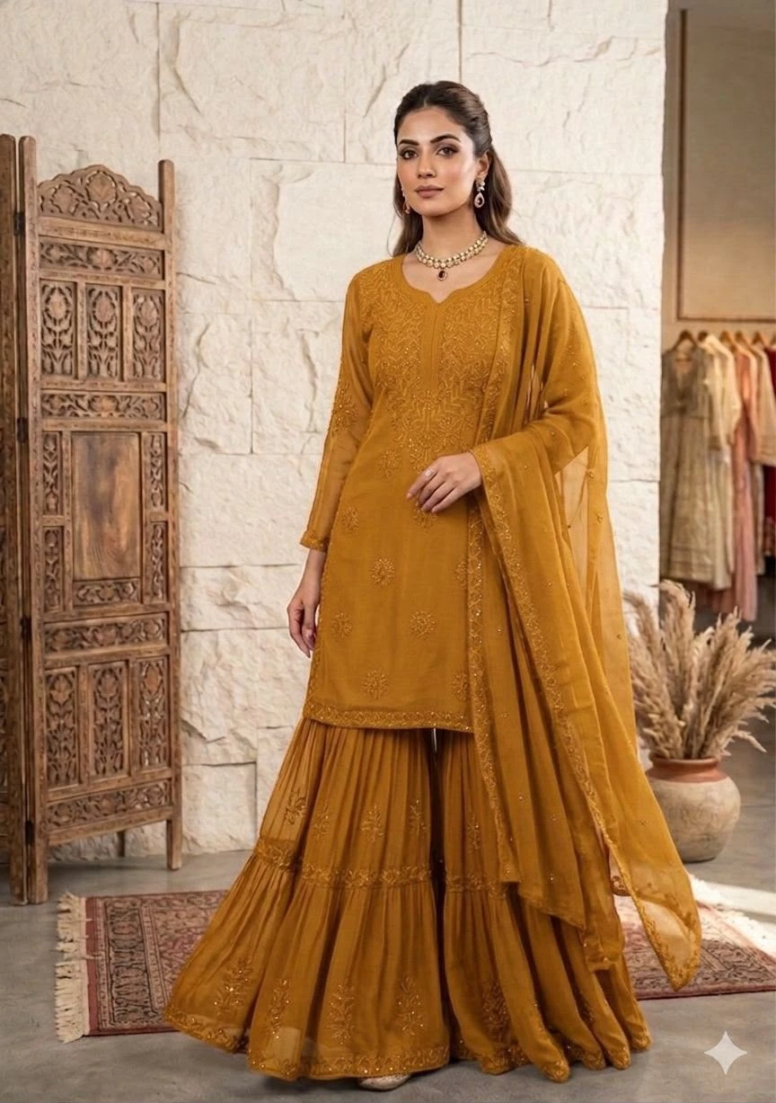 Designer Party & Wedding Wear Sequence Embroidered Sharara Set