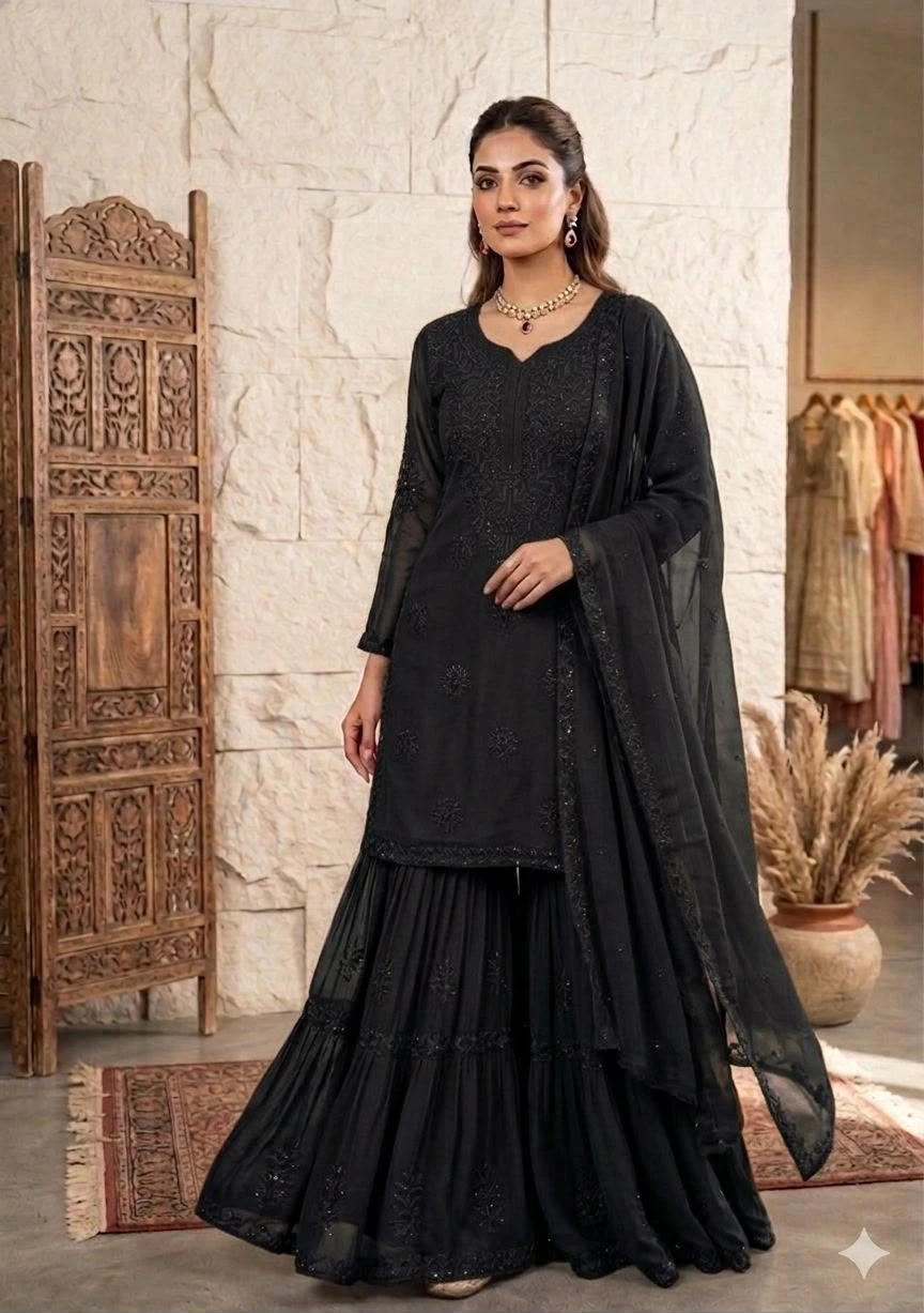 Designer Party & Wedding Wear Sequence Embroidered Sharara Set