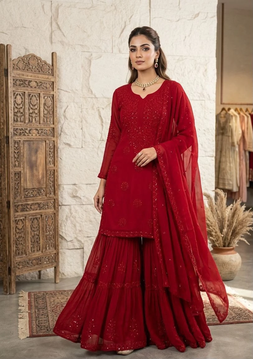 Designer Party & Wedding Wear Sequence Embroidered Sharara Set