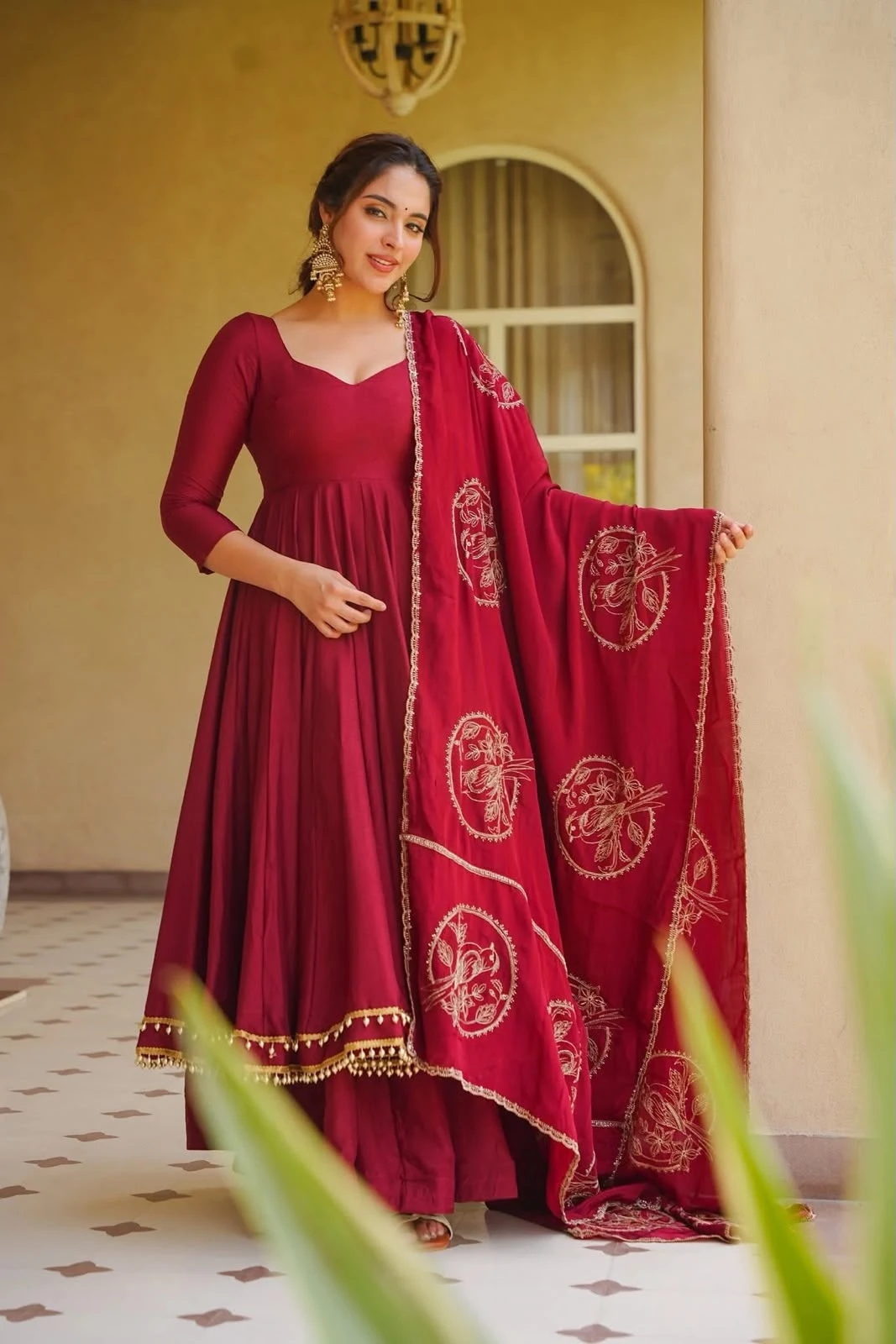 Designer Roman Silk Anarkali Suit with Palazzo & Dupatta