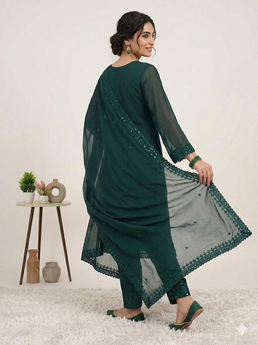 Designer Sequence Embroidered Top Pant & Dupatta Set