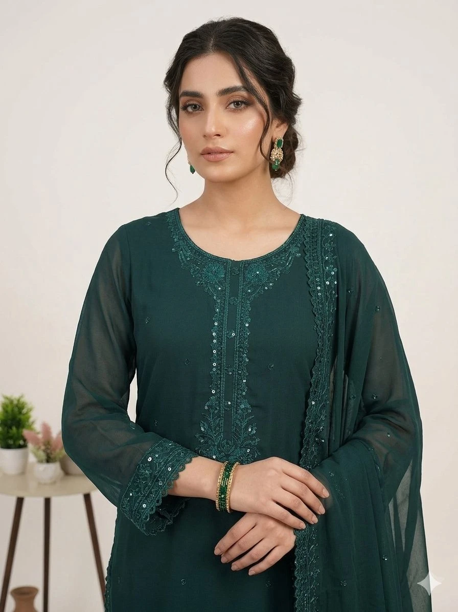 Designer Sequence Embroidered Top Pant & Dupatta Set