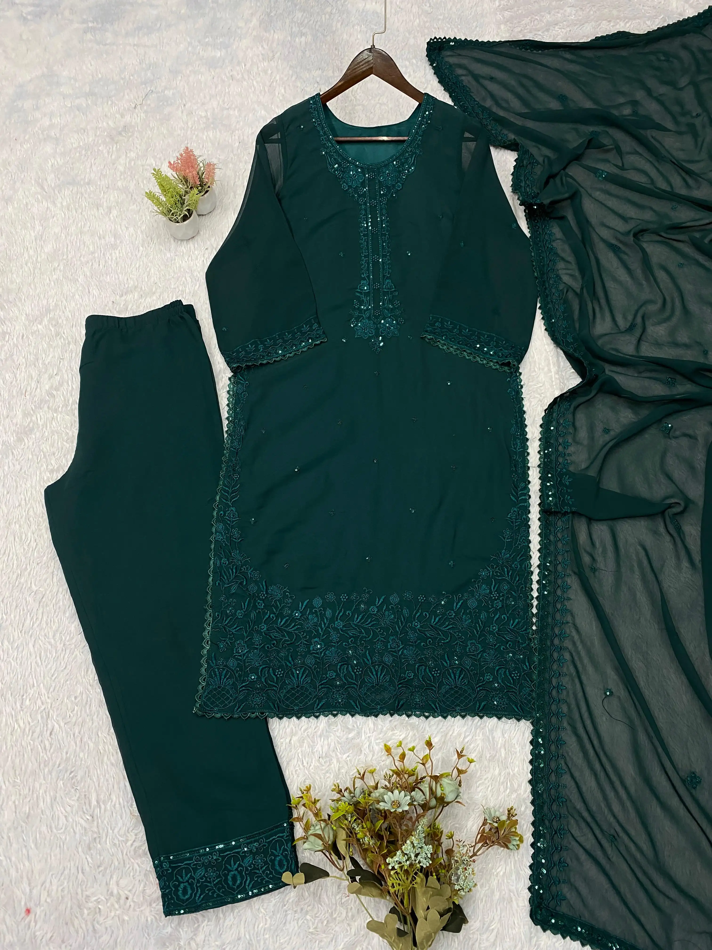 Designer Sequence Embroidered Top Pant & Dupatta Set