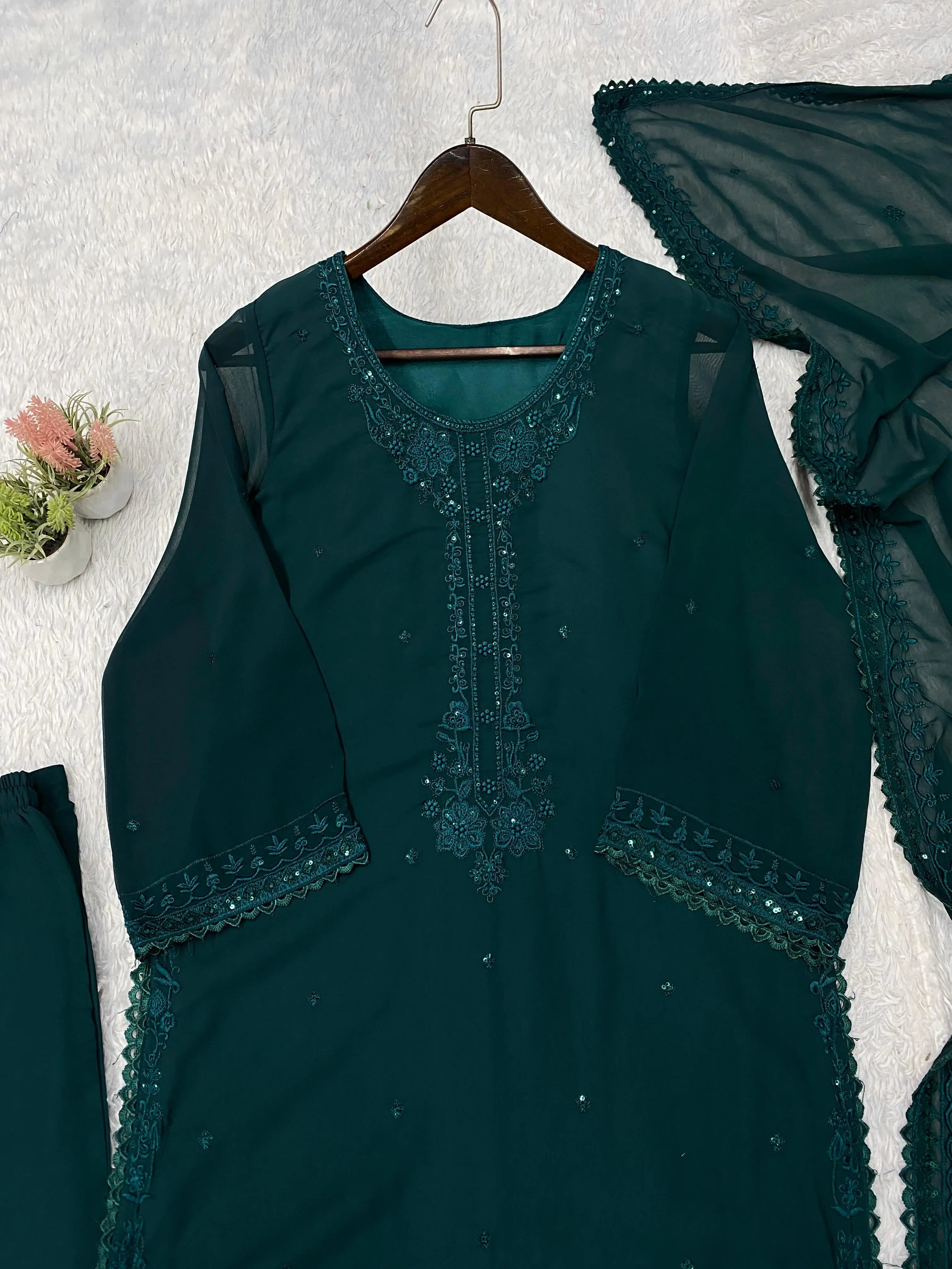 Designer Sequence Embroidered Top Pant & Dupatta Set