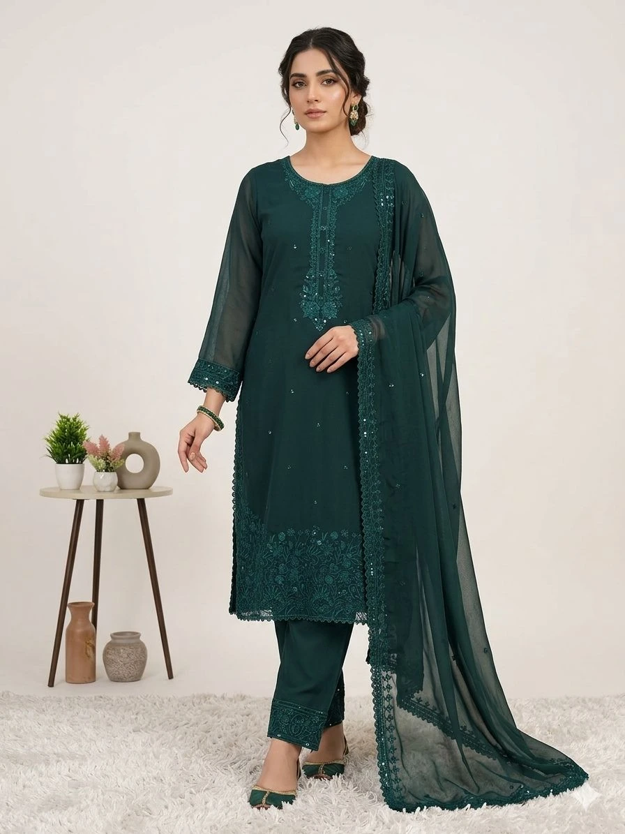 Designer Sequence Embroidered Top Pant & Dupatta Set
