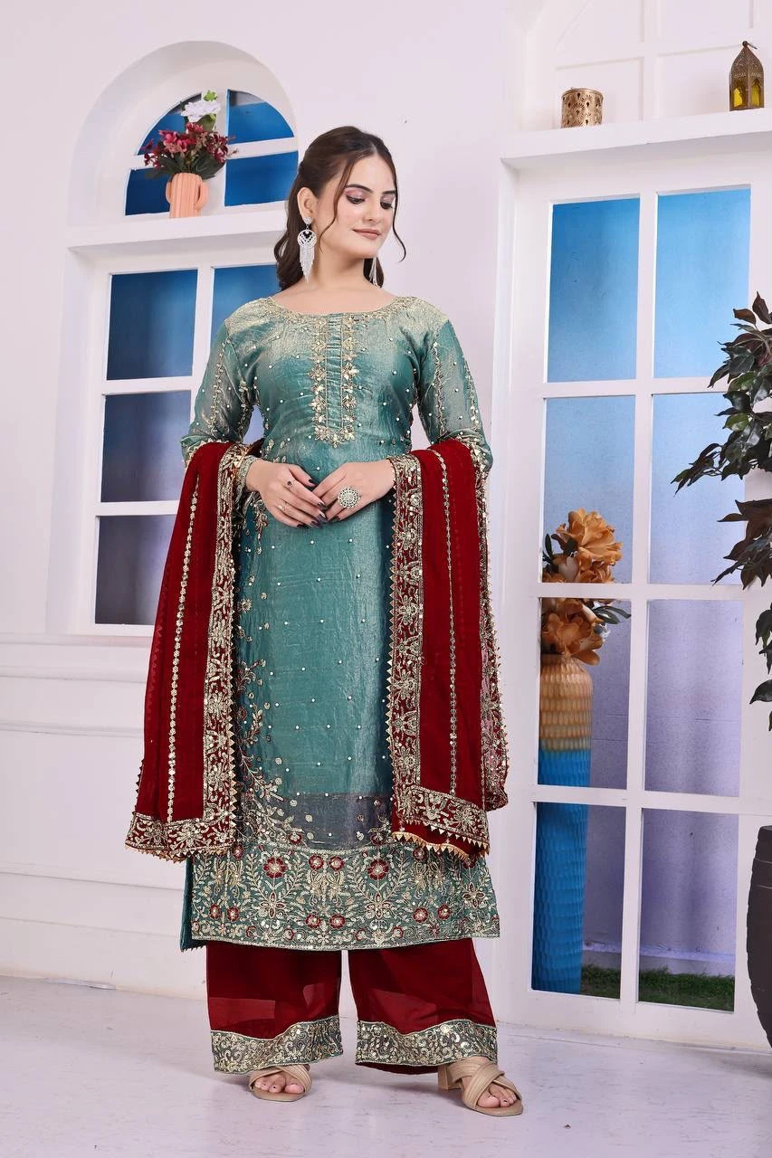 Eid Special Fancy Top Palazzo & Dupatta Set