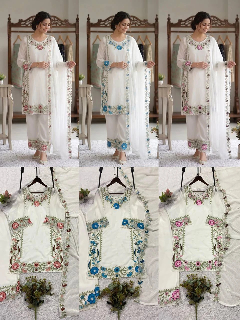 Embroidered Fox Georgette Top Palazzo & Dupatta Set