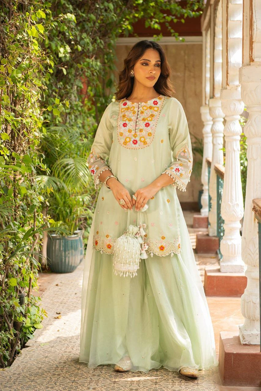 Floral Embroidered Kurta Sharara & Dupatta Set