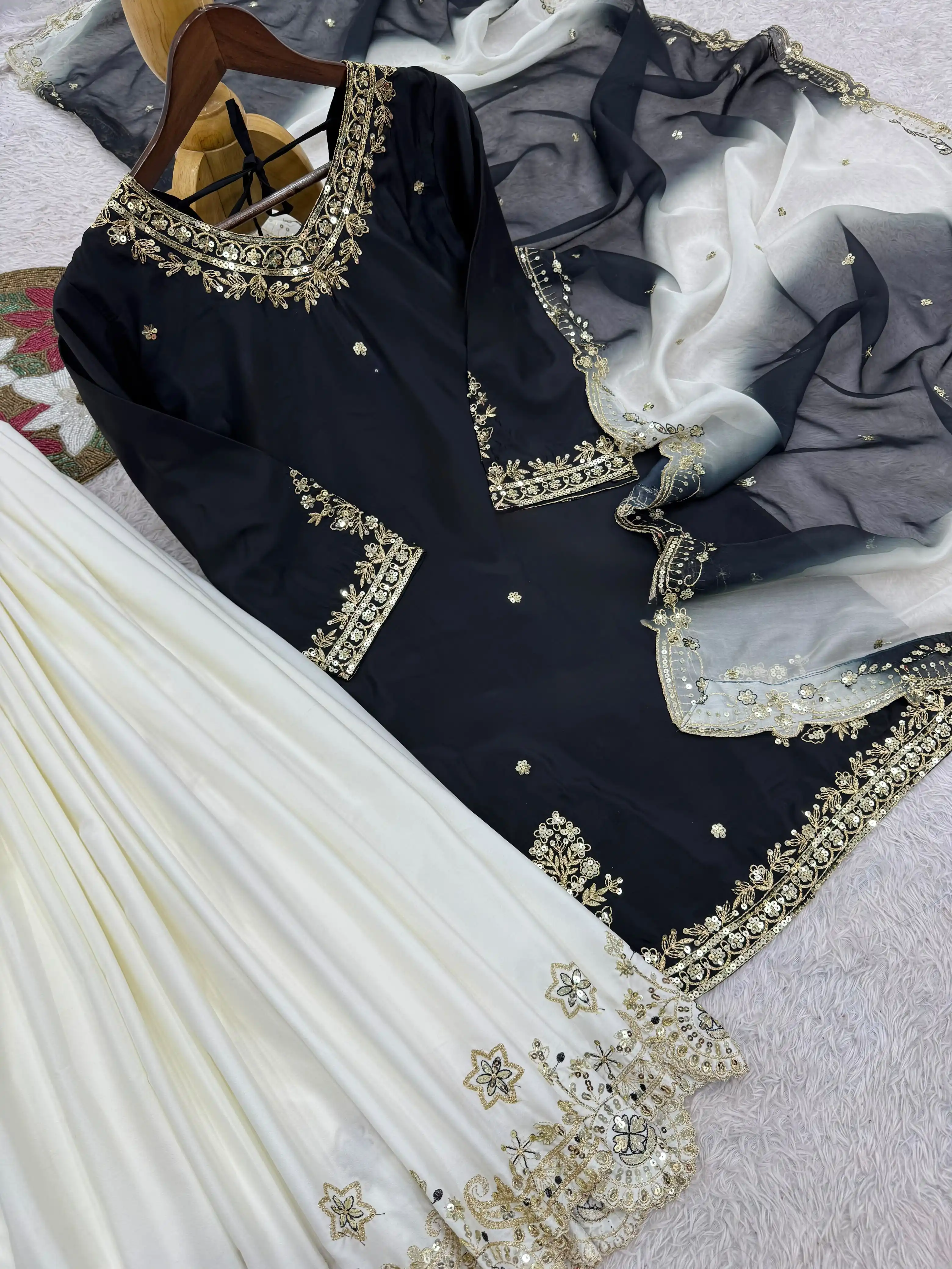 French Crepe Embroidered Top Palazzo & Dupatta Set
