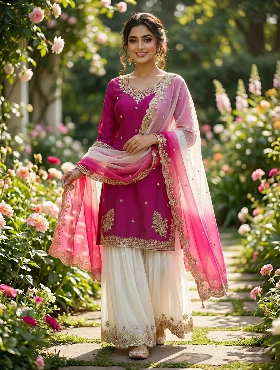 French Crepe Embroidered Top Palazzo & Dupatta Set