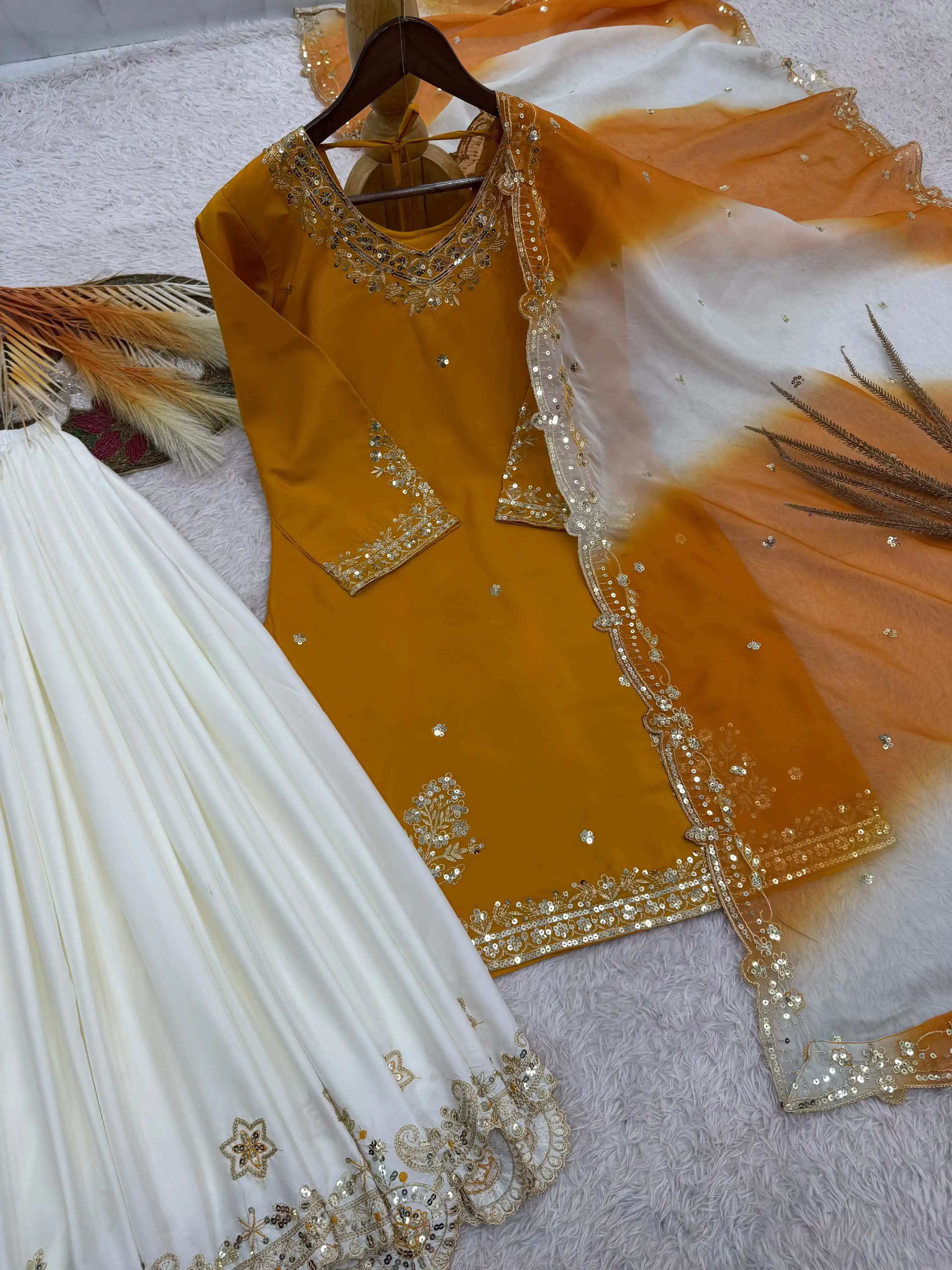 French Crepe Embroidered Top Palazzo & Dupatta Set