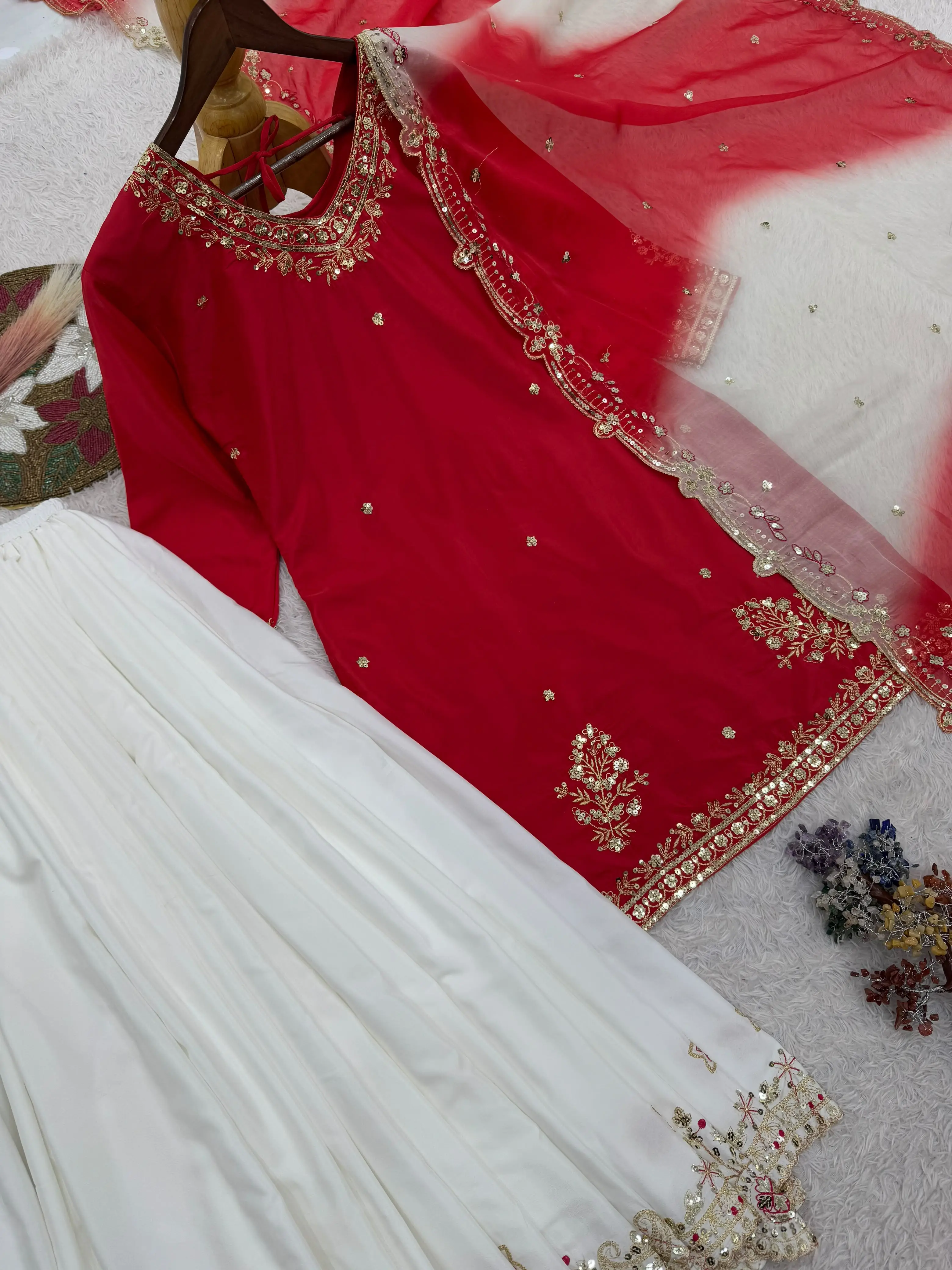 French Crepe Embroidered Top Palazzo & Dupatta Set