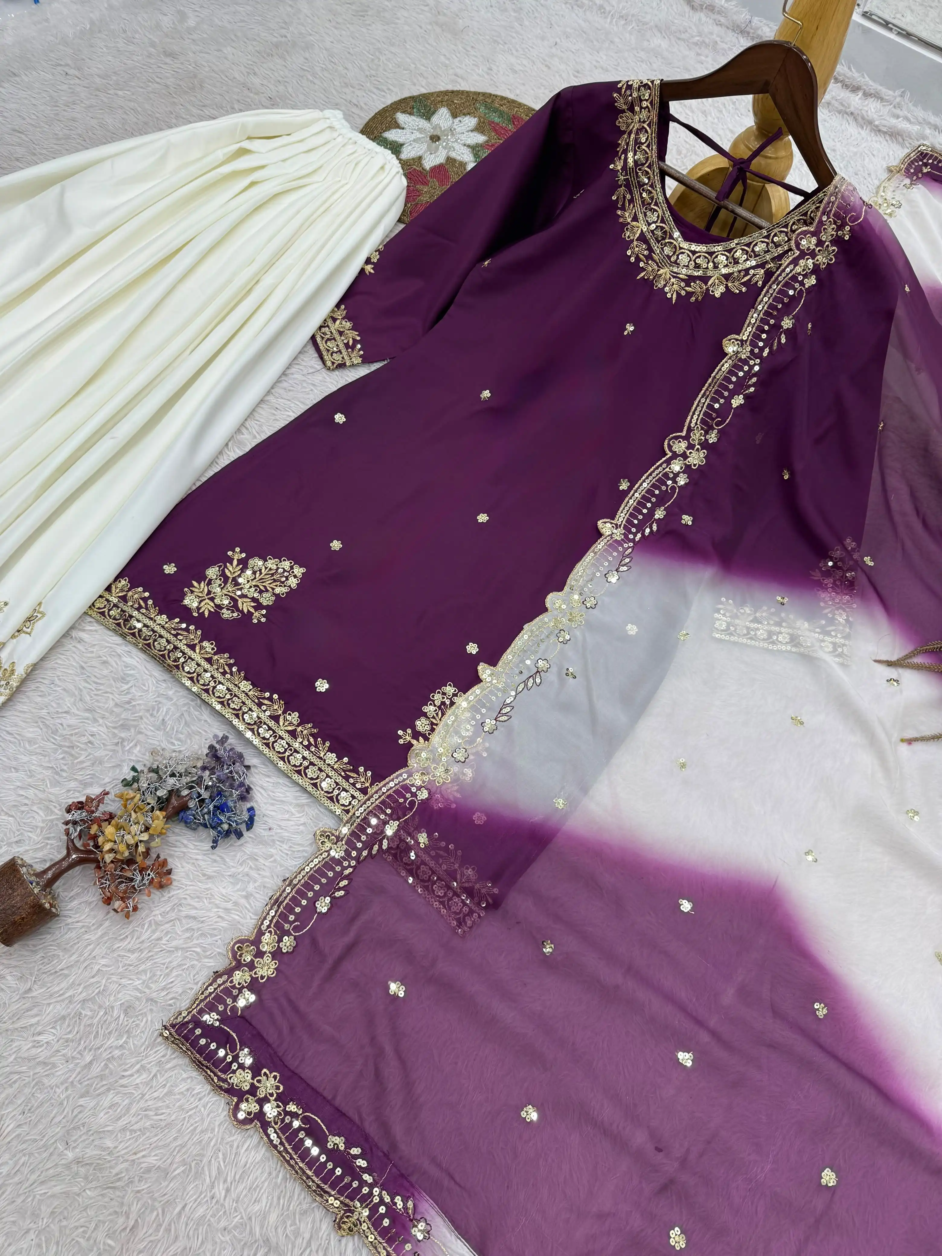 French Crepe Embroidered Top Palazzo & Dupatta Set