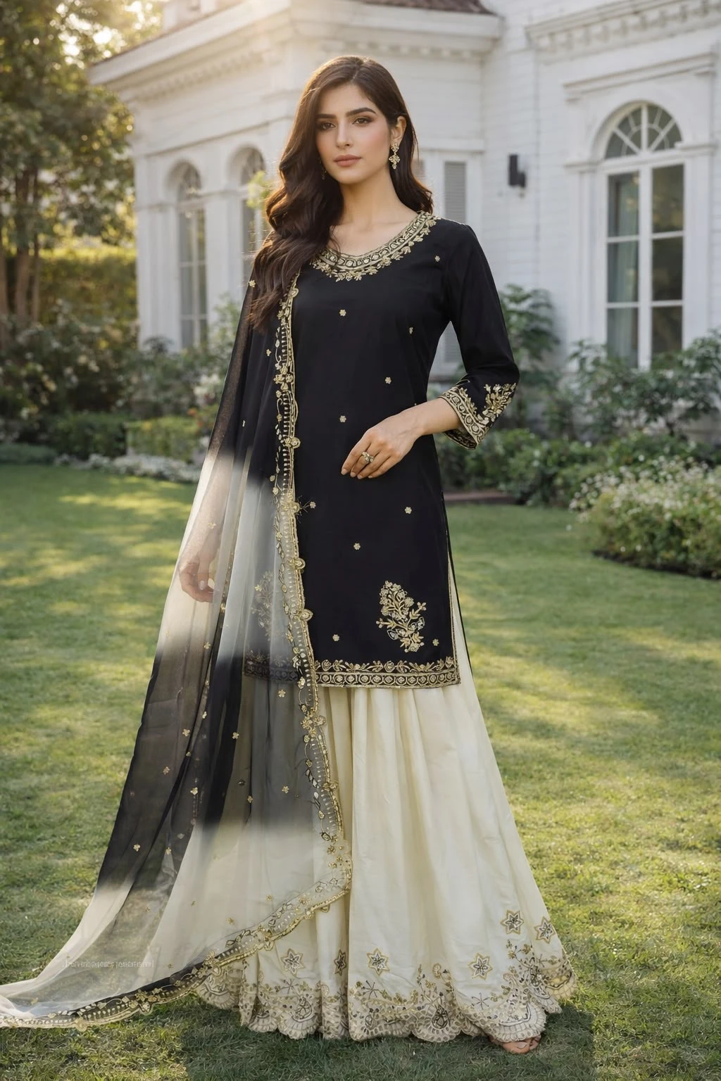 French Crepe Embroidered Top Palazzo & Dupatta Set
