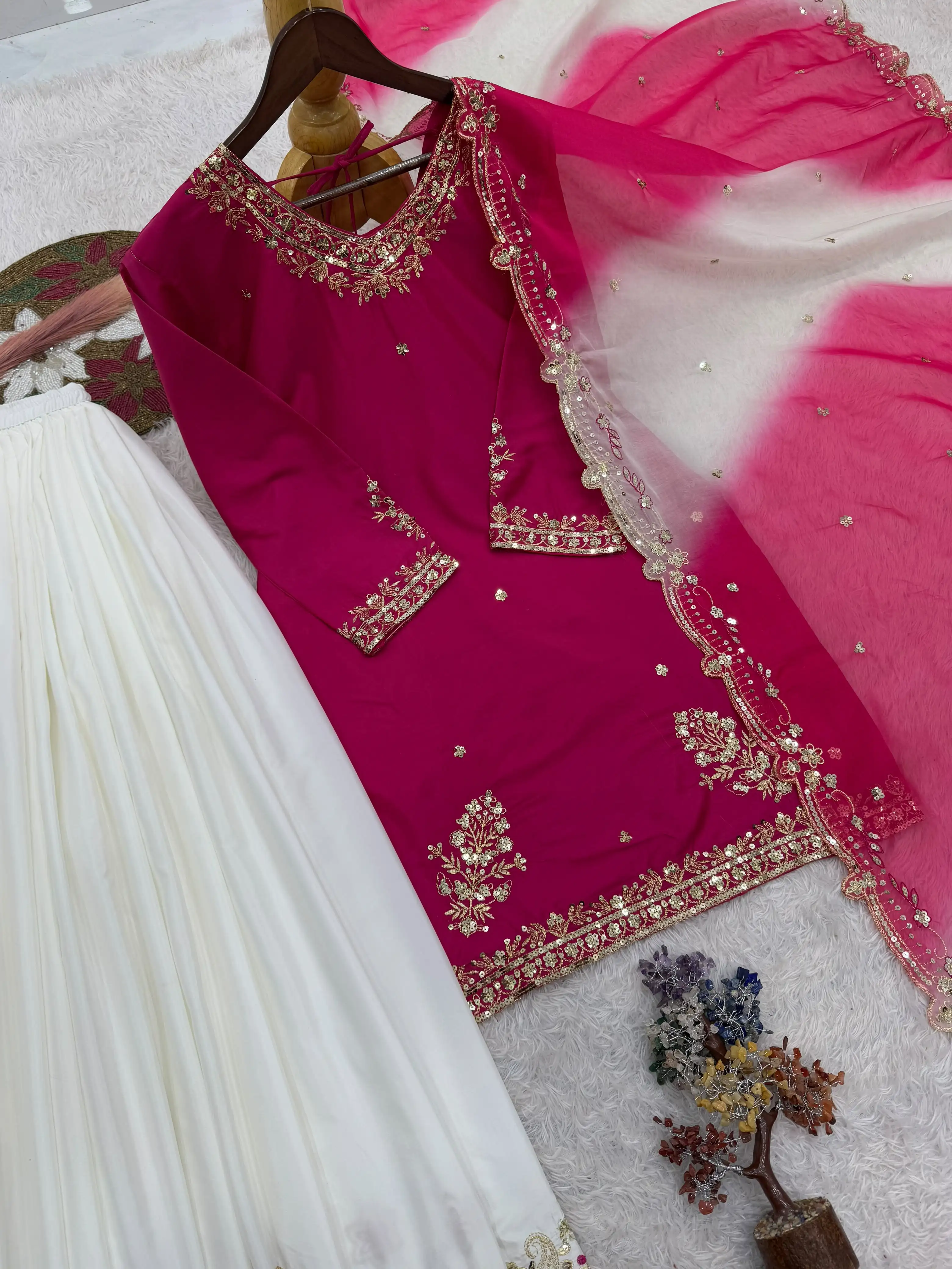 French Crepe Embroidered Top Palazzo & Dupatta Set
