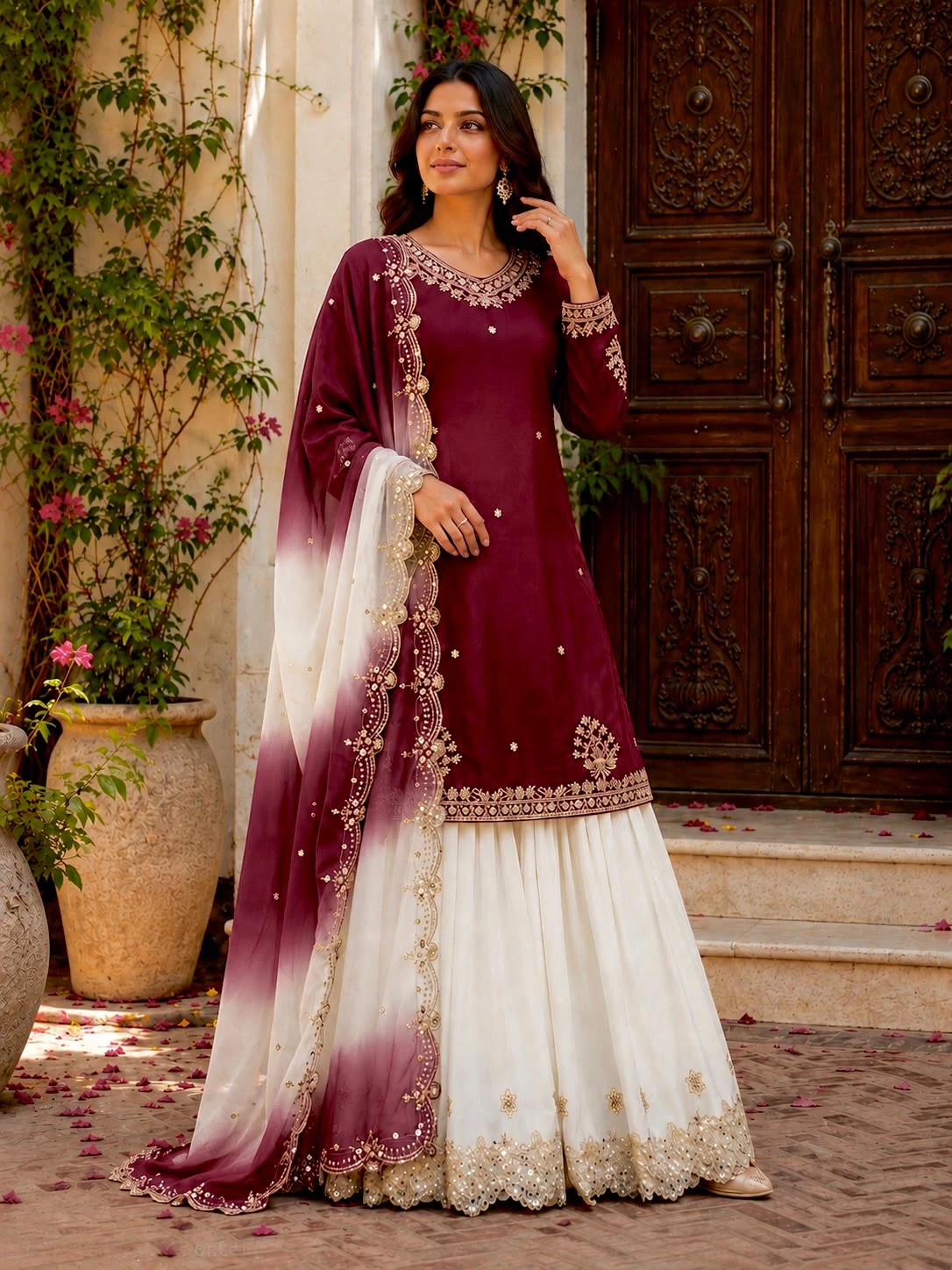 French Crepe Embroidered Top Palazzo & Dupatta Set