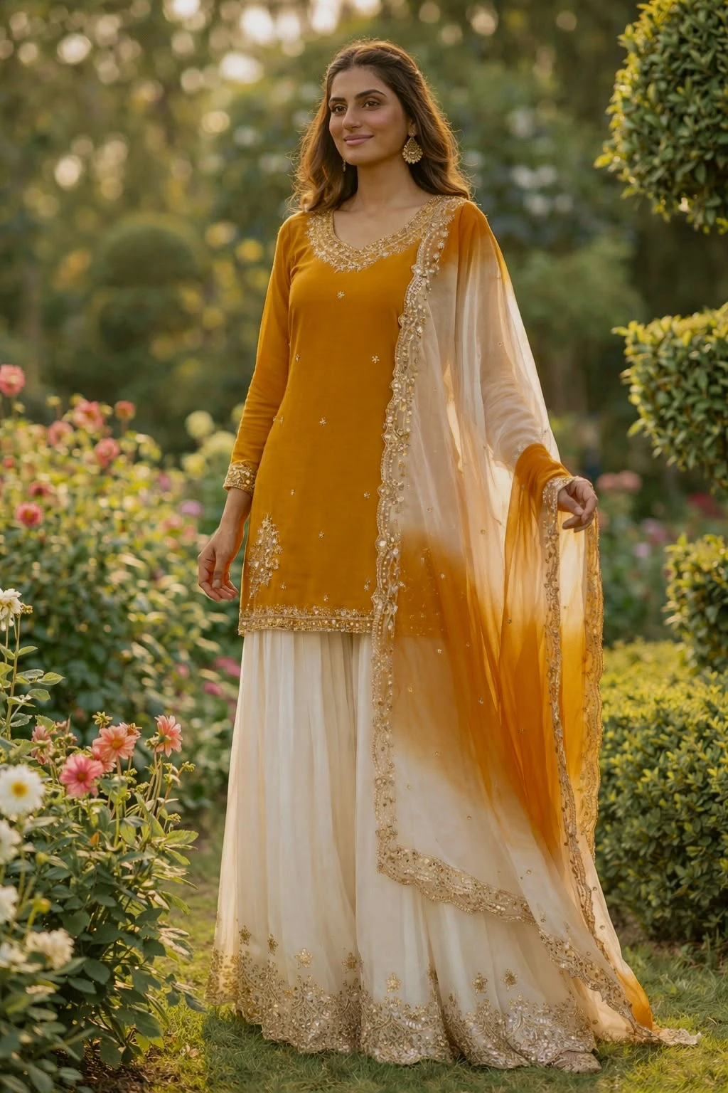 French Crepe Embroidered Top Palazzo & Dupatta Set