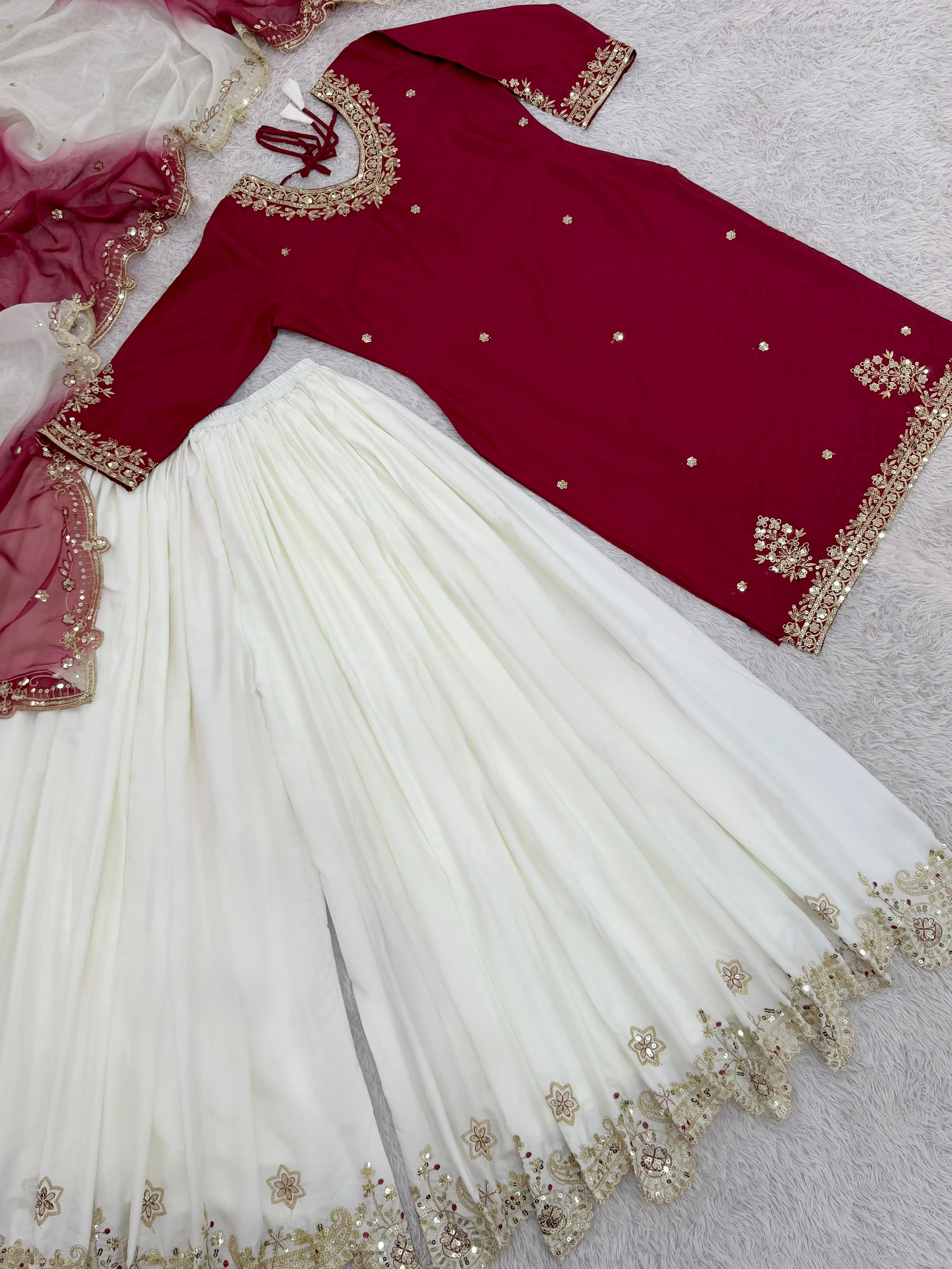 French Crepe Embroidered Top Palazzo & Dupatta Set