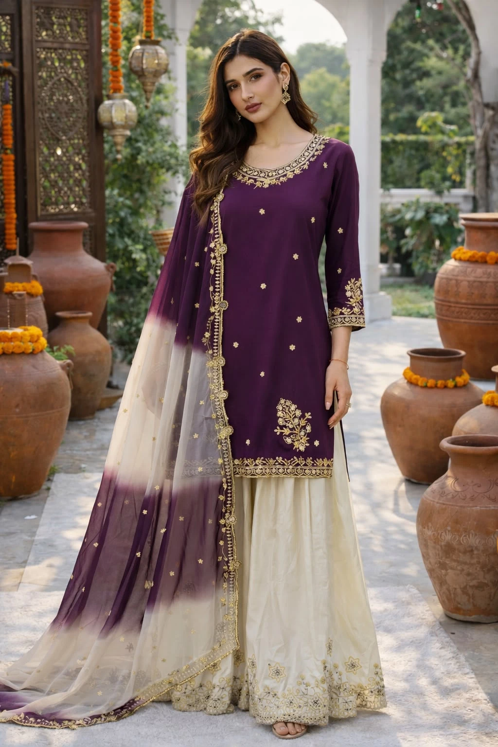 French Crepe Embroidered Top Palazzo & Dupatta Set