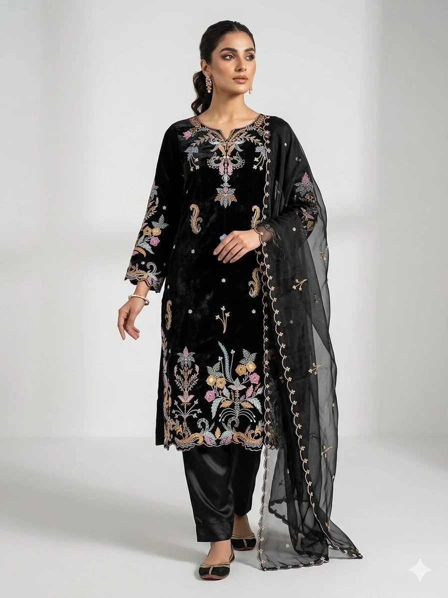 Glass Roman Embroidered Top Pant with Dupatta Set