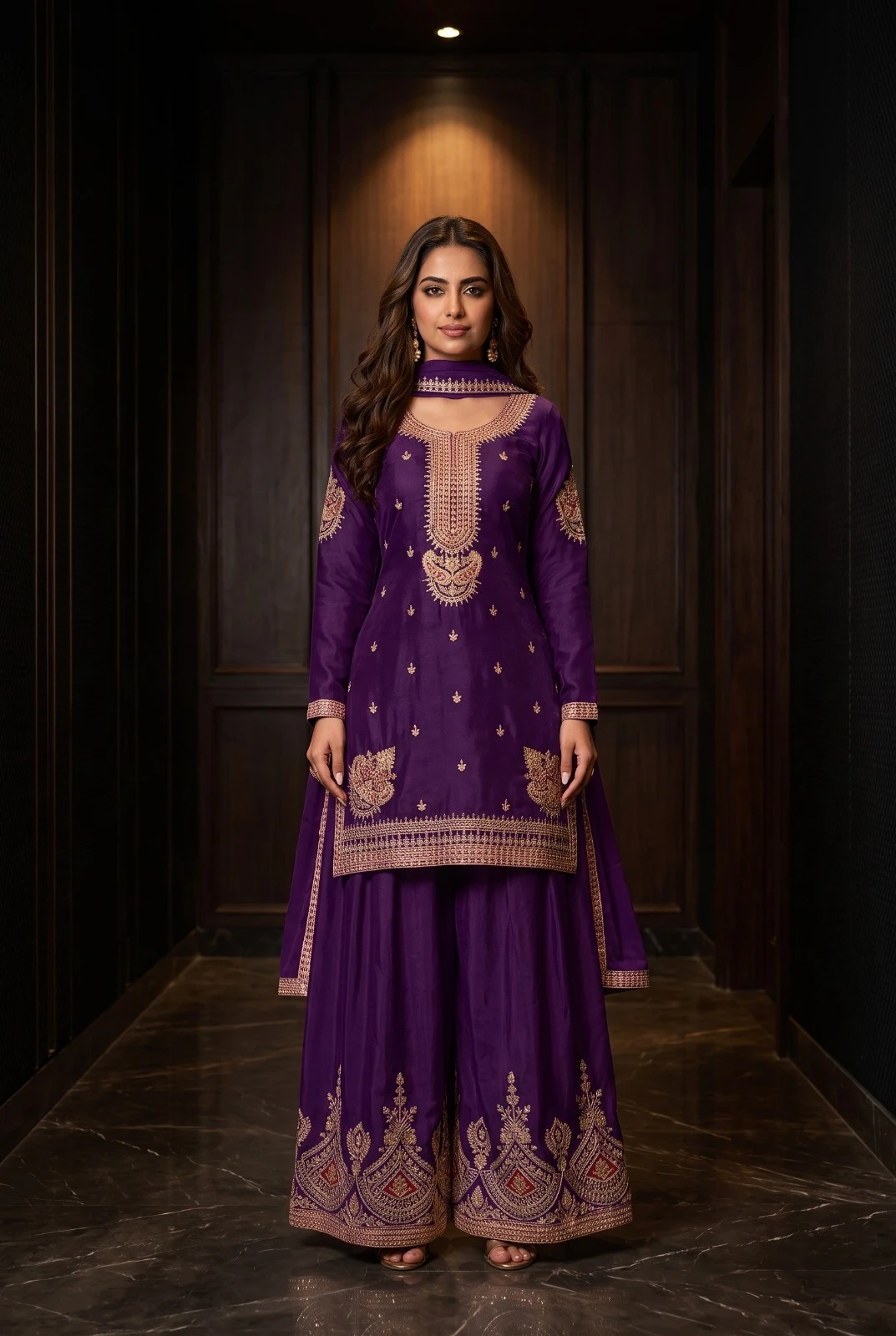 HASEEN Premium Chinon Palazzo Suit Set