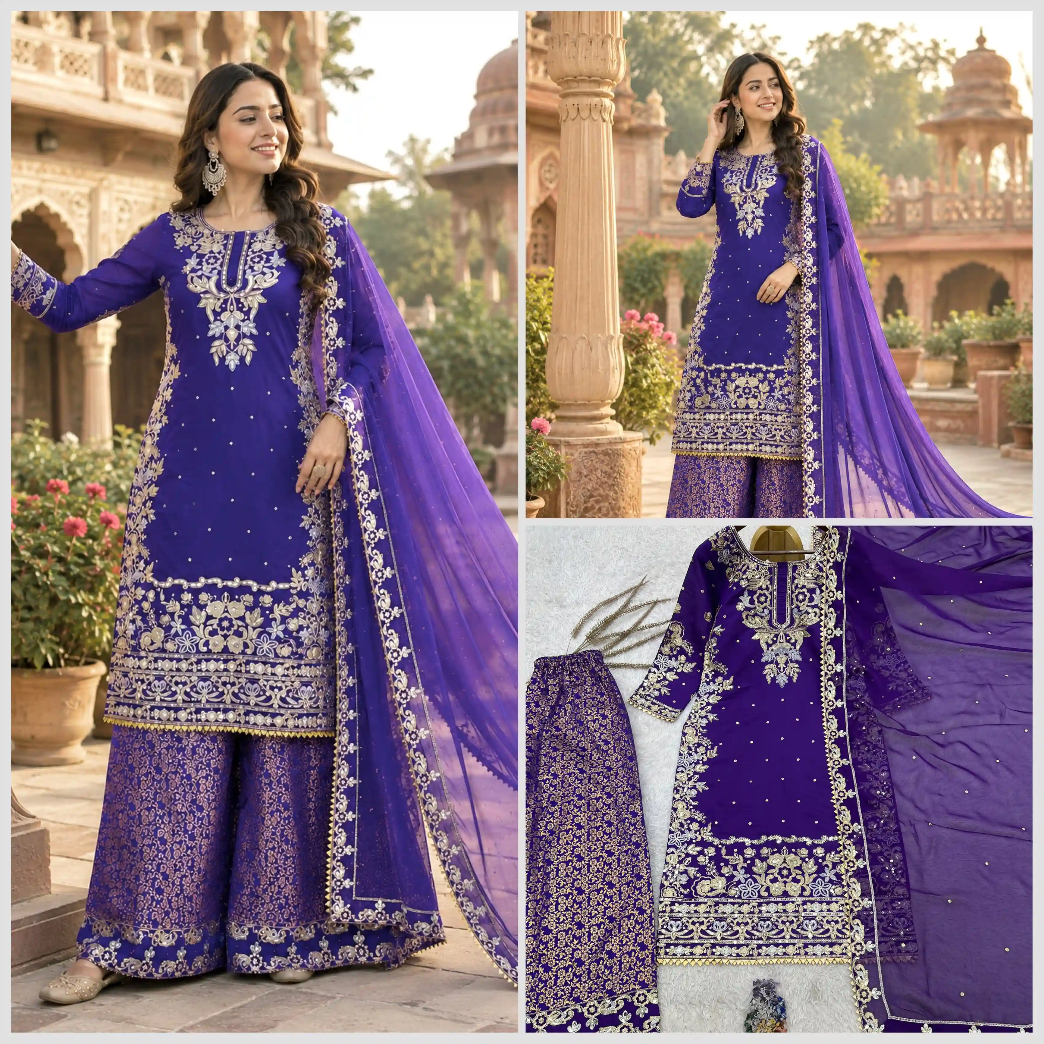 Heavy Embroidered Roman Cotton Top Palazzo & Dupatta Set