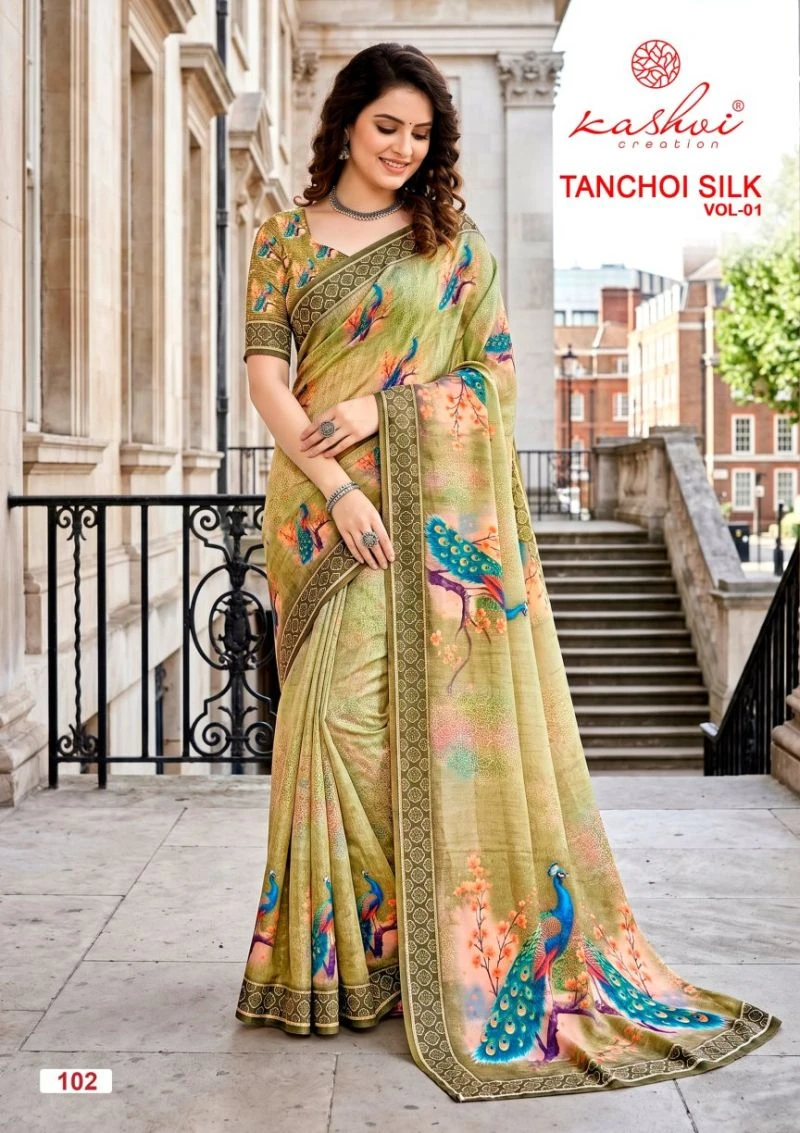 Kashvi Tanchoi Vol 1 Dull Moss Tanchoi Weaving Saree Collection
