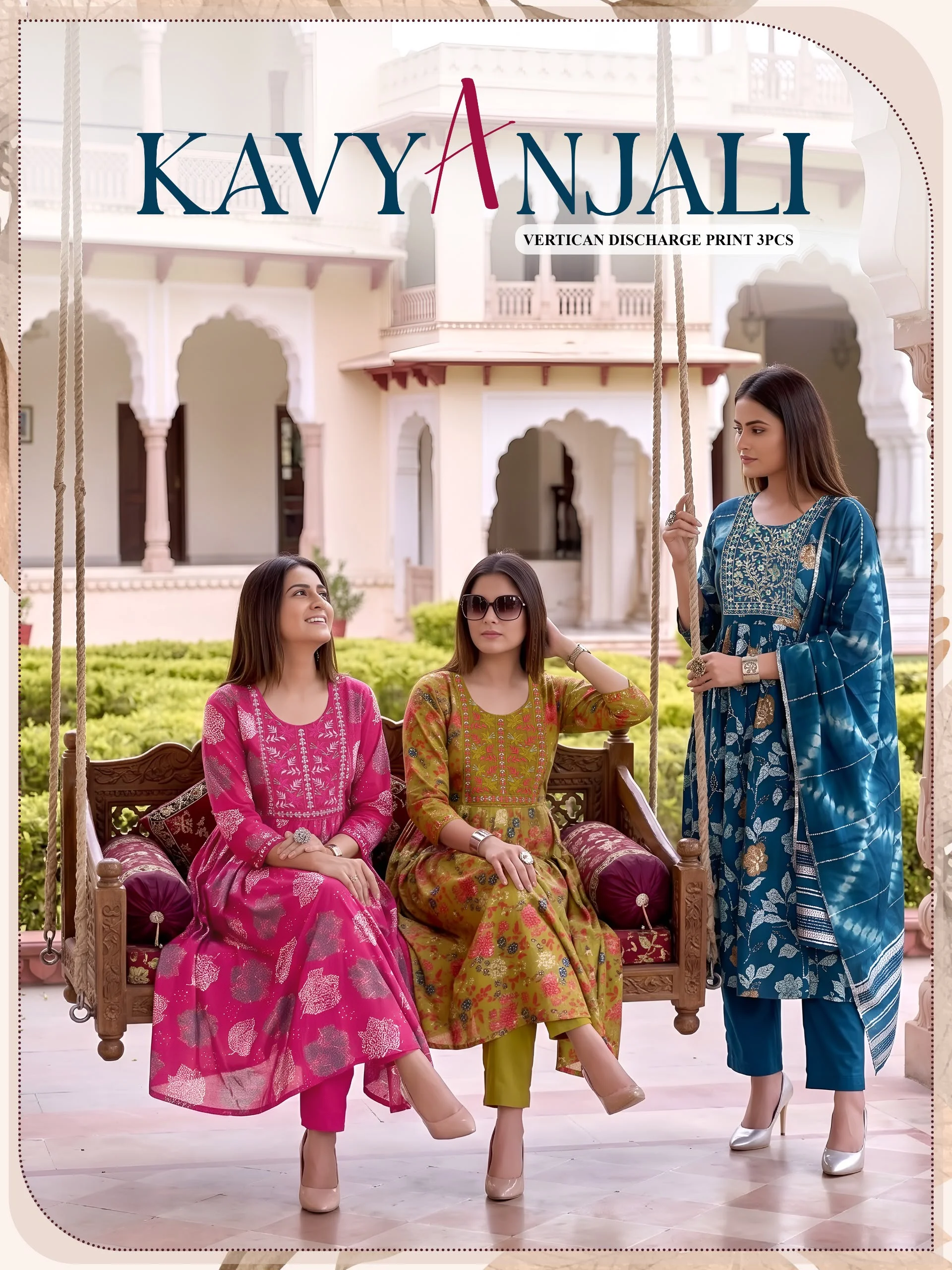 KAVYANJALI 3PCS Umbrella Vertican Discharge Print Suit Set