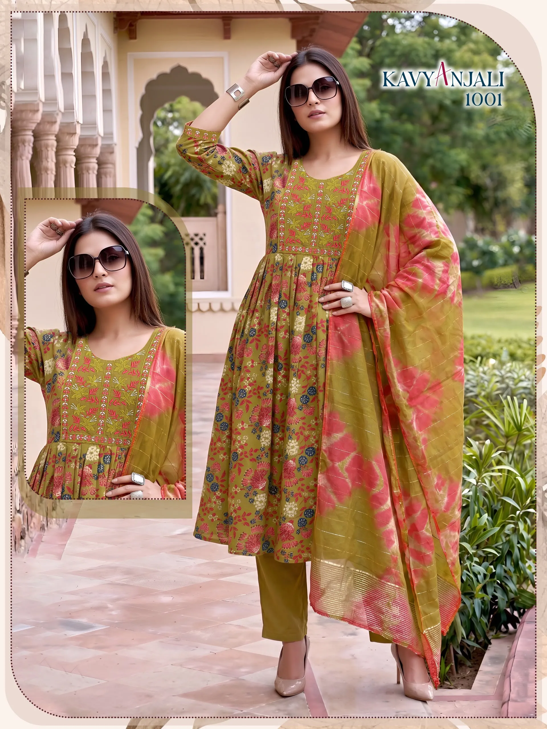KAVYANJALI 3PCS Umbrella Vertican Discharge Print Suit Set