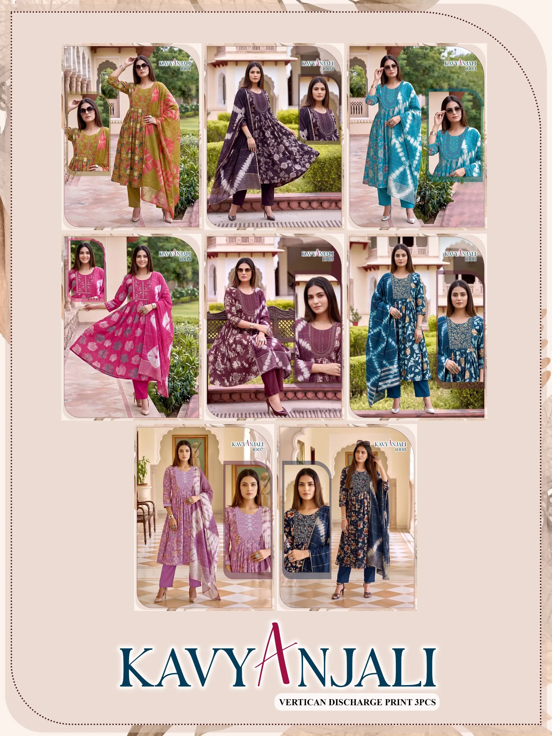 KAVYANJALI 3PCS Umbrella Vertican Discharge Print Suit Set